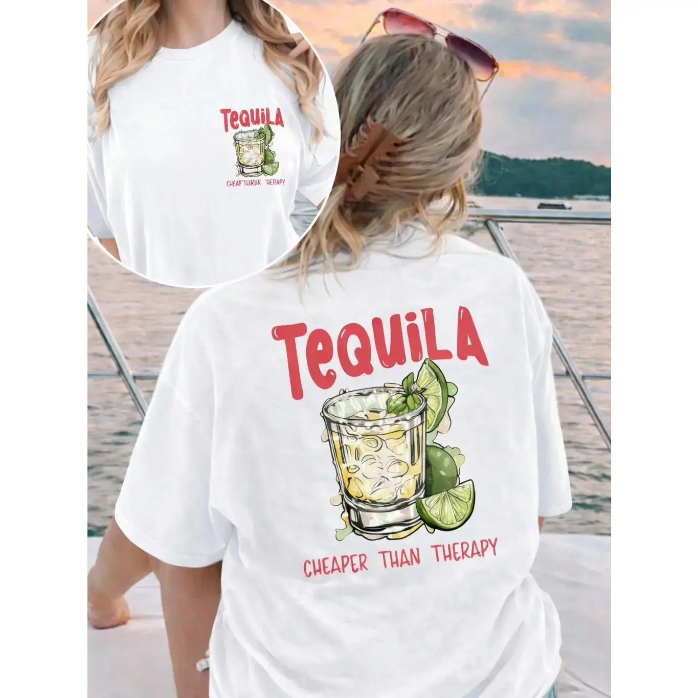 Women's Cotton Short-Sleeve T-Shirt - Round Neck Breathable Casual Summer Streetwear Top with Double-Sided Tequila, Island & Lemon Graphics (Womenswear Tops, Shortsleeve Tshirt)