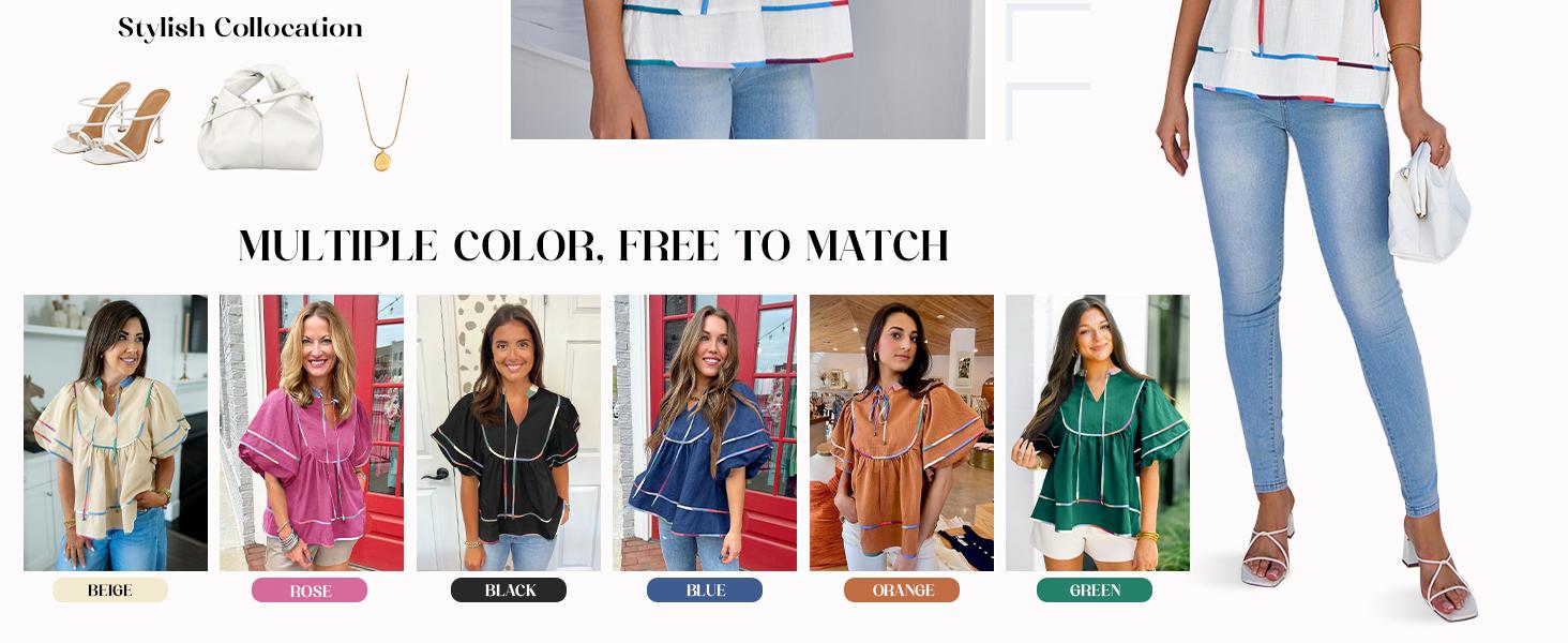 Imily Bela Womens Summer Babydoll Tops V Neck Short Lantern Sleeve Shirts Cute Loose Fit Peplum Flowy Blouses