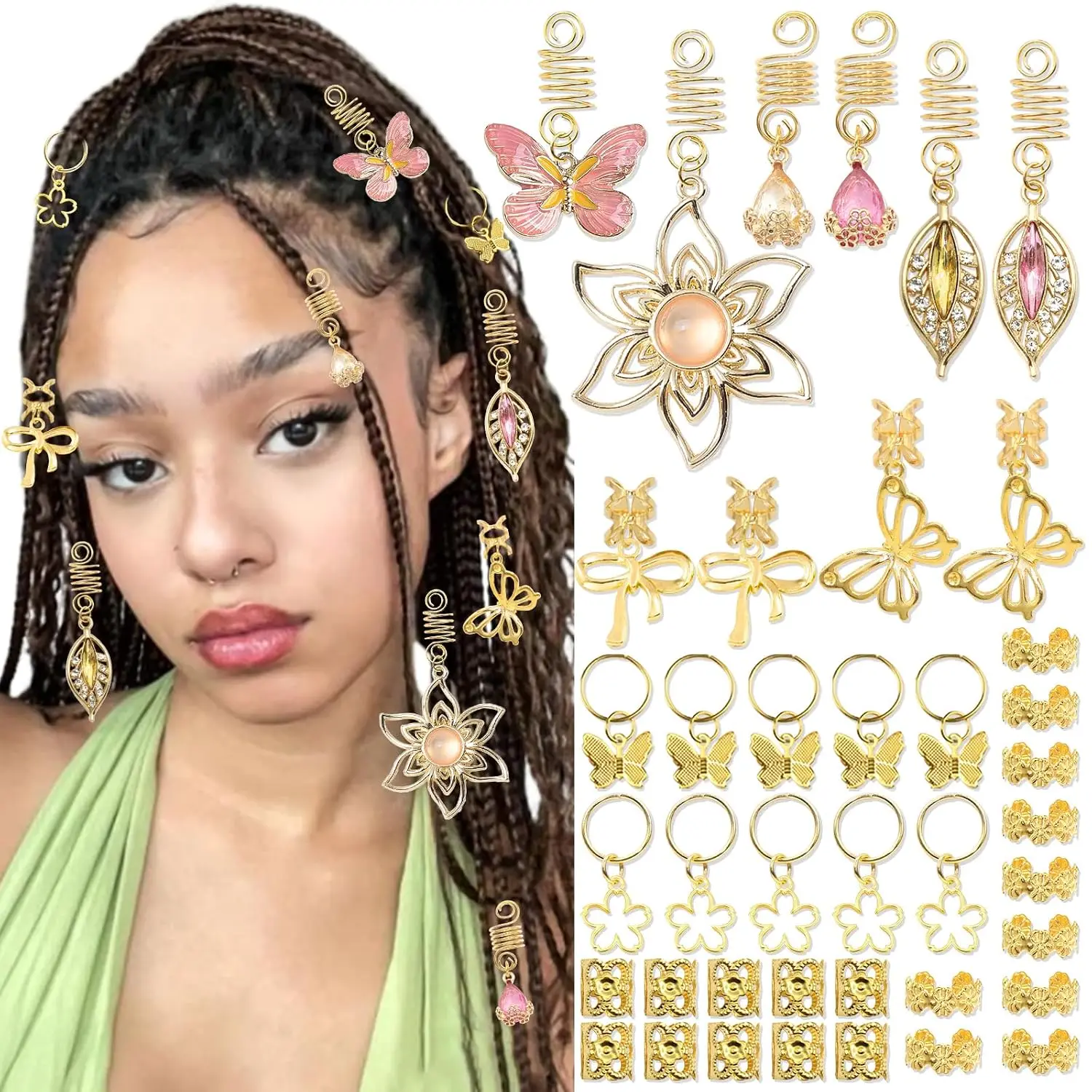 40 count Butterfly Dreadlock   Loc Charms Flower Hair Pendant Braids Clips Metal Dreadlock Hair Cuffs Rings  Braids Accessories for Women