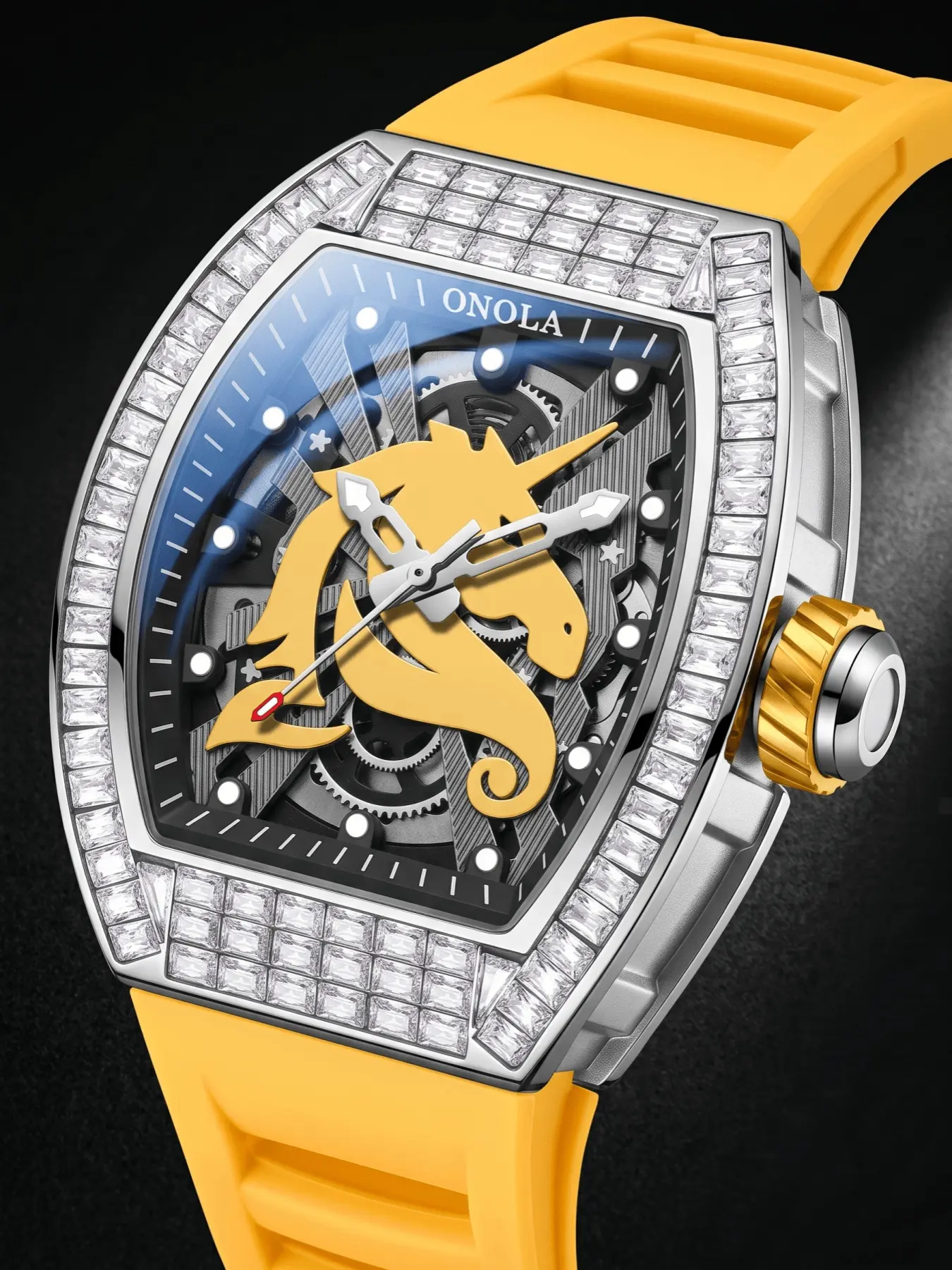 ONOLA Brand Men Diamond Automatic Watch, Fashion Luxury Business Wristwatch, Tonneau Shape Diamond Bezel Hollow Skeleton Dial Silicone Strap Unicorn Pattern Self Winding Mechanical Watches Trendy Large Dial Casual Watches
