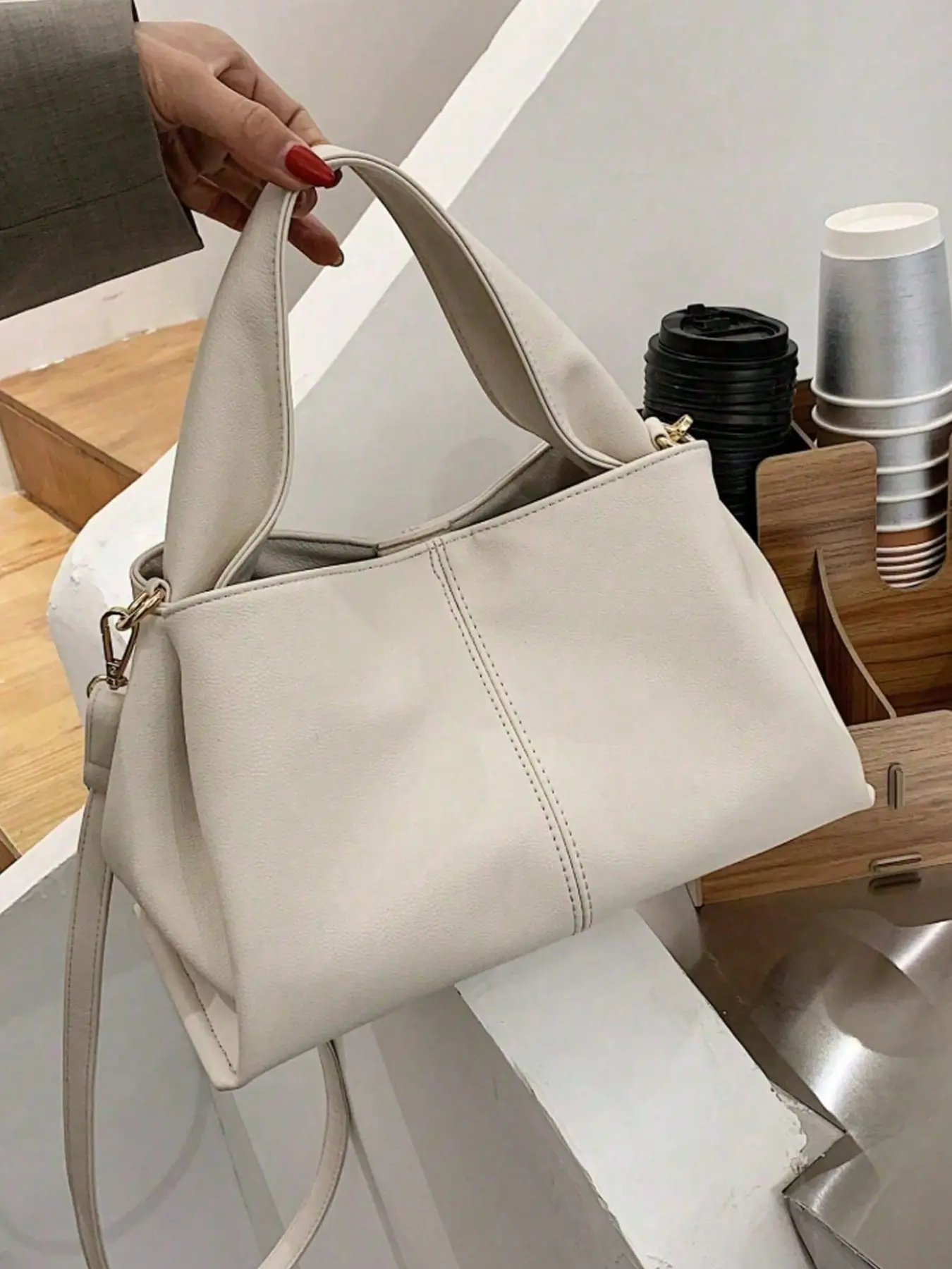 Korean Ins Style Beige Soft Leather Bag, Lightweight Large Purse for Daily Work School,Minimalist Cream Apricot Commuter Shoulder Crossbody Bag, Soft Pebbled Faux Leather Versatile Handbag with Adjustable Strap, All Seasons Elegant Commuter Everyday Bag
