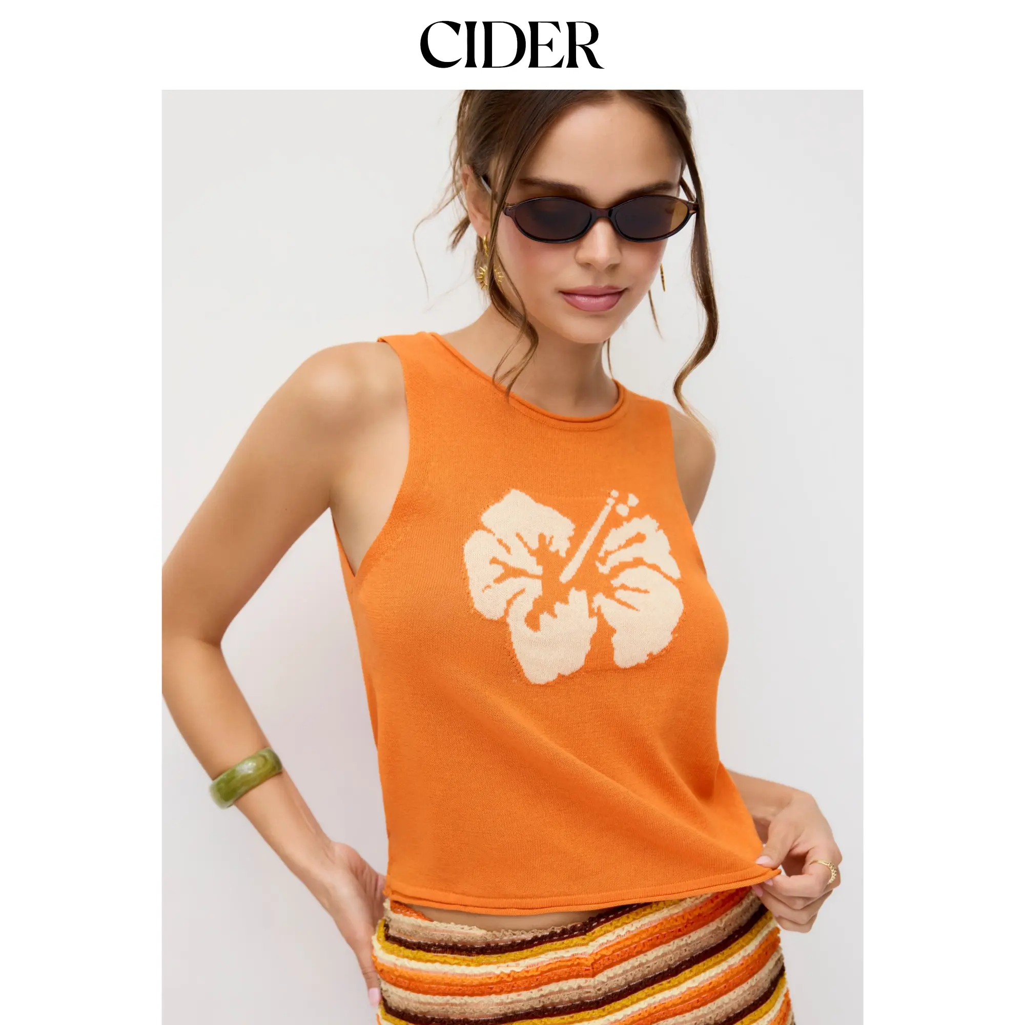 Cider Knit Linen-blend Floral Graphic Jacquard Tank Top