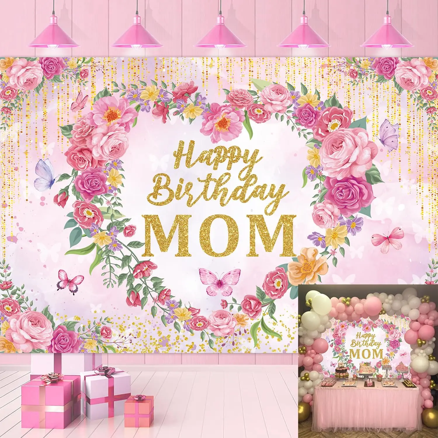 Happy Birthday Mom Backdrop  Flower Heart Glitter Mother's Day Decor Photography Background Mom's Birthday Backdrop for Women Party Decorations Banner Photo Props (7x5FT)