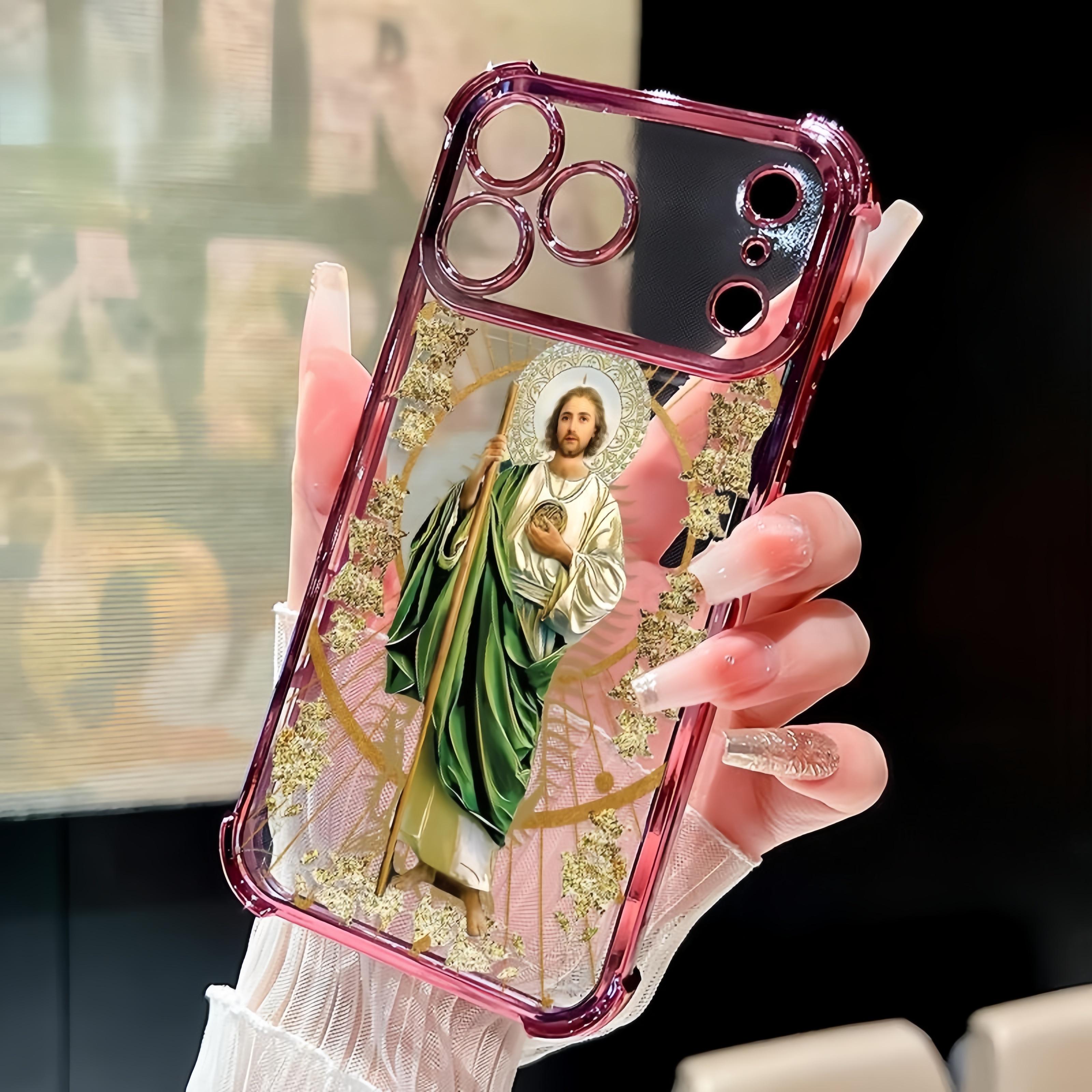 Luxury Saint Jude Thaddeus Transparent Electroplated Corner Shockproof Phone Case For iPhone 17 Pro Max 16 Air 15 Plus 14 13 12 11 E Heavy Duty Cushion Bumper Protective Cover Religious Gift For Men Women, Ideal Holiday Present