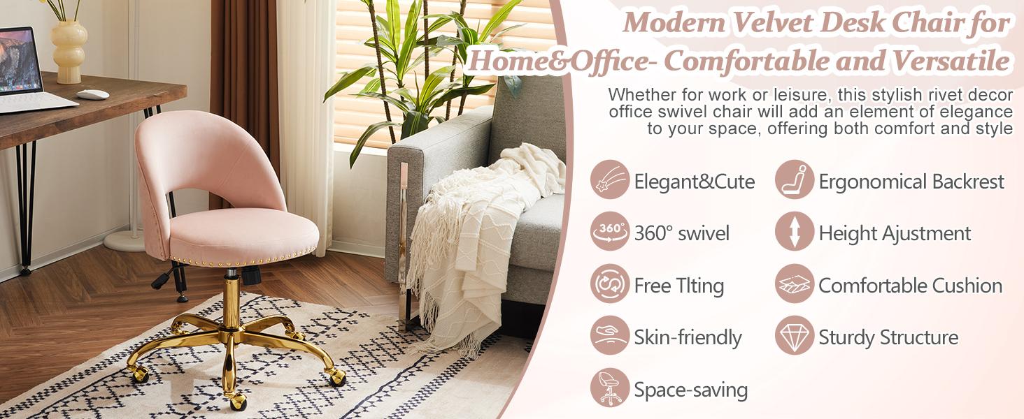 VINGLI Modern Velvet Small Office Chair,Cute Desk Chair with Wheels,Gold Base/Studs, Comfy Armless Swivel Vanity Task Chair for Women/Girl/Kids, Nail Tech Chair for Bedroom,Small Space,Pink