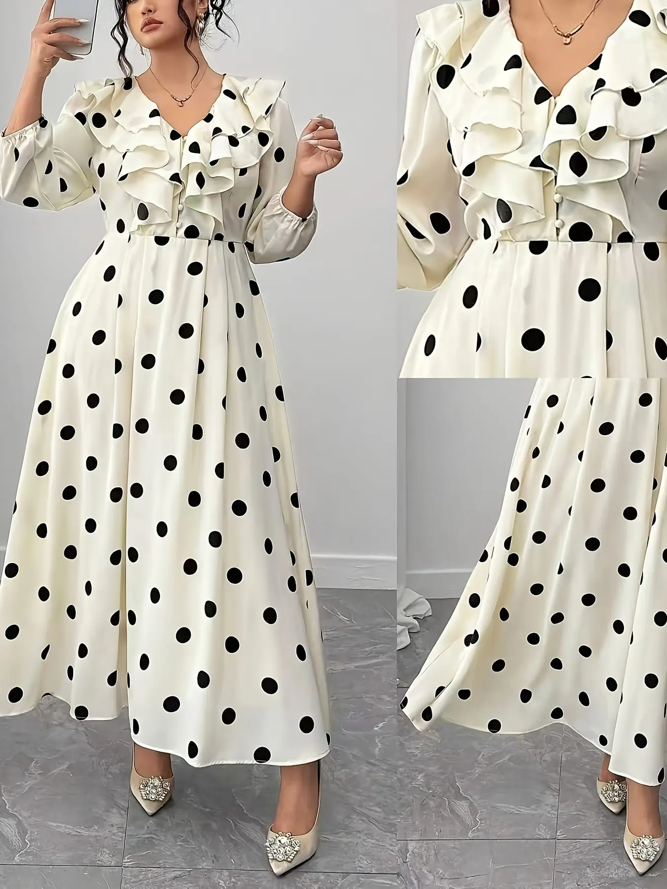 Women's Plus Size Fashion Polka Dot Long Sleeve Ruffle Elegant Dress, Stylish and Comfortable Design, Perfect for Special Occasions