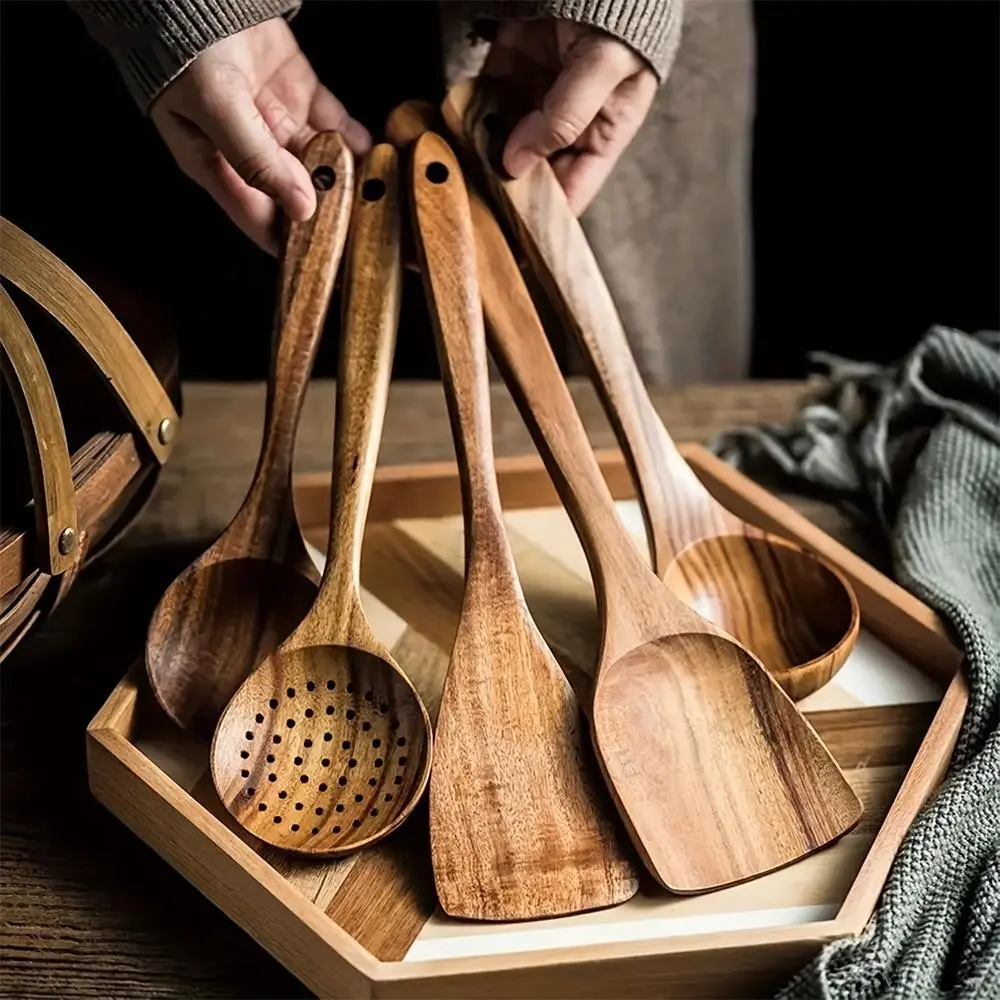 5pcs Wooden Kitchen Utensils Set, Natural Spurtle for Non-Stick Pans, Kitchen Ladle and Wok Spatulas, Essential Kitchen Accessories, Wooden Cooking Utensils