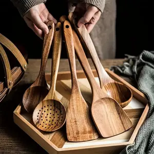 5pcs Wooden Kitchen Utensils Set, Natural Spurtle for Non-Stick Pans, Kitchen Ladle and Wok Spatulas, Essential Kitchen Accessories, Wooden Cooking Utensils