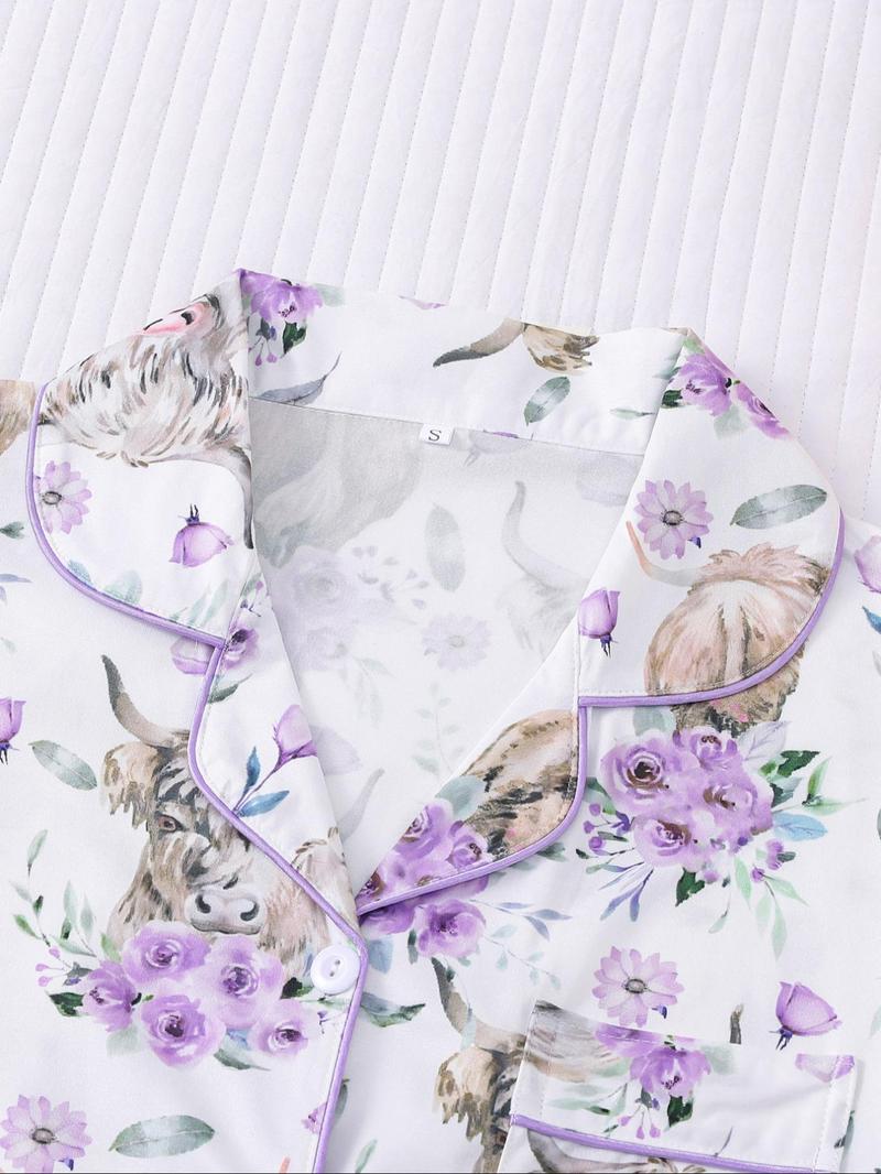 Women's All-Over Cow-Print Contrast-Trim Shirt & Elastic-Waist Shorts Pajama Loungewear Set, Casual Comfy Short Sleeve Collared Top & Shorts PJ Two-Piece Set