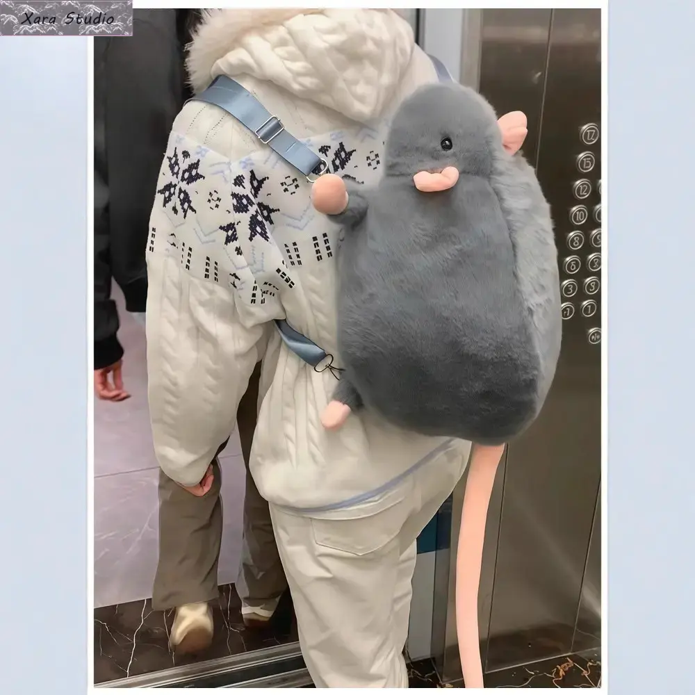 Cute Chinchilla Plush Backpack, Fluffy Gray Mouse Animal Bag with Long Pink Tail, Soft Novelty Stuffed Backpack with Adjustable Straps & Large Capacity for Girls, Teens, School, Travel, Daily Use & Gifts