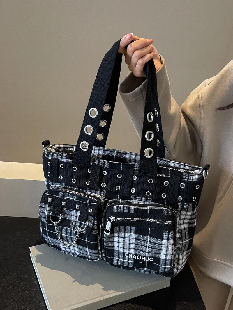 Women's Fashionable All-match Punk Style Tote Bag with Multi-pocket Design, Casual Versatile Zipper Design, Large Capacity Shoulder Tote Bag, Valentine's Gifts for Her