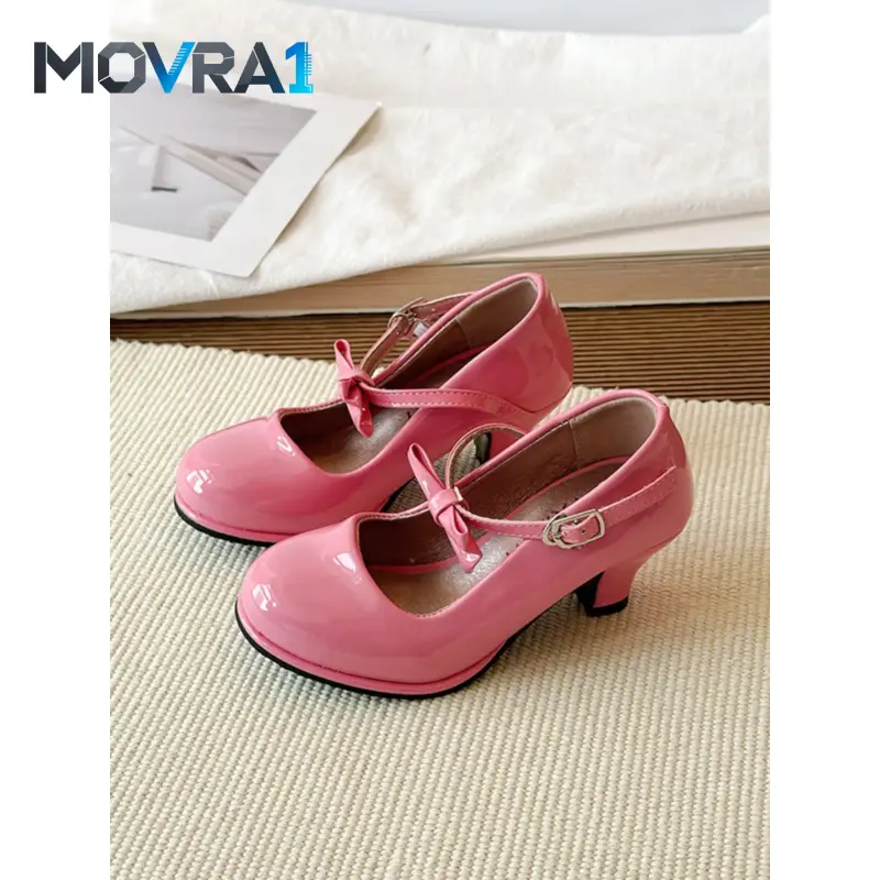 MOVRA1 Girls' Bow Mary Shoes, Bow Decorated Shoes, Glossy PU, Thick Rubber Sole Anti-, Round Toe, Style, Heel Design Princess Shoes Performances, Footwear