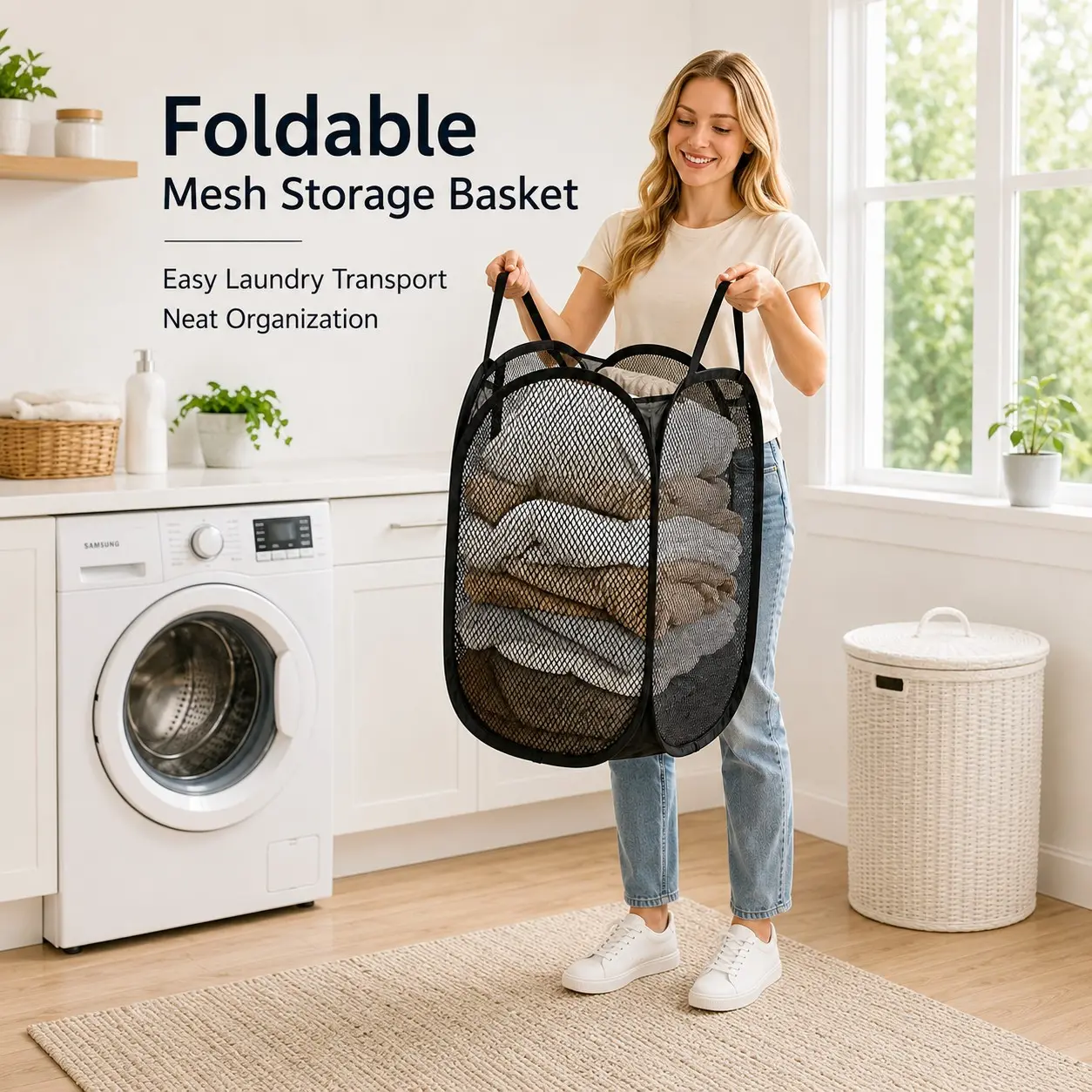 Foldable Mesh Laundry Basket with Handle, Collapsible Laundry Hamper, Large Capacity, Portable and Breathable, Ideal for Home, Travel, Dorm, Gift for Holidays