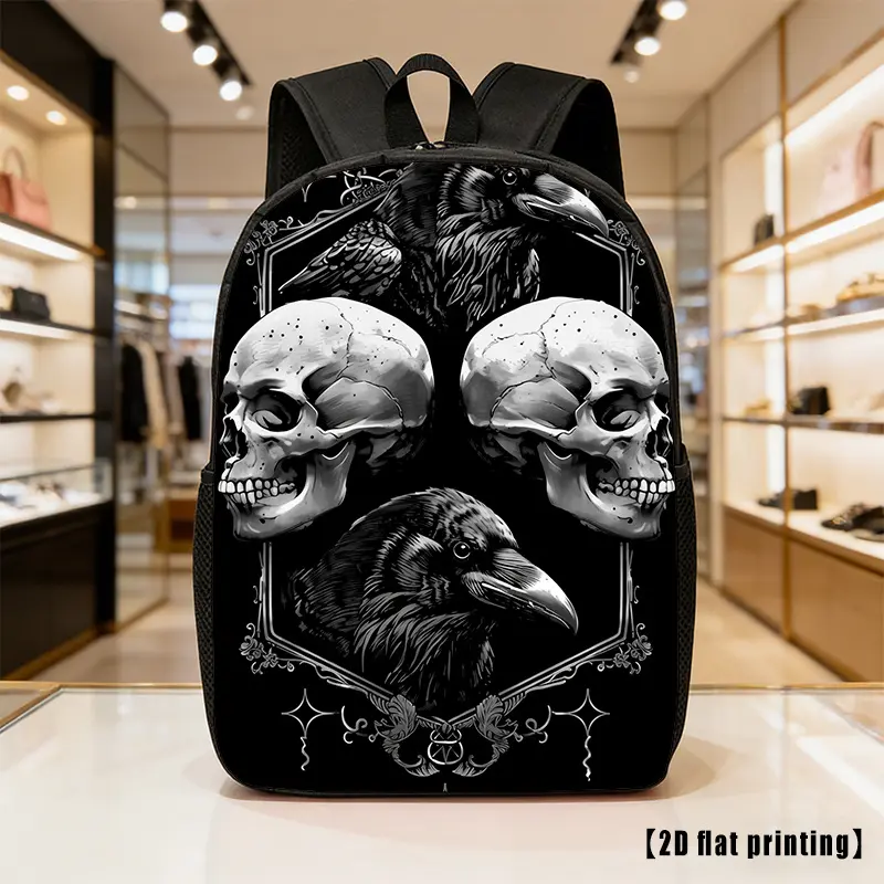 Unisex Bird Skull Graphic Oxford Backpack - Lightweight, Water-Repellent, Large-Cap Adjustable Straps Daypack for Adults, Back to School Haul, First Day School GRWM, Travel/Work, Hand Wash Only