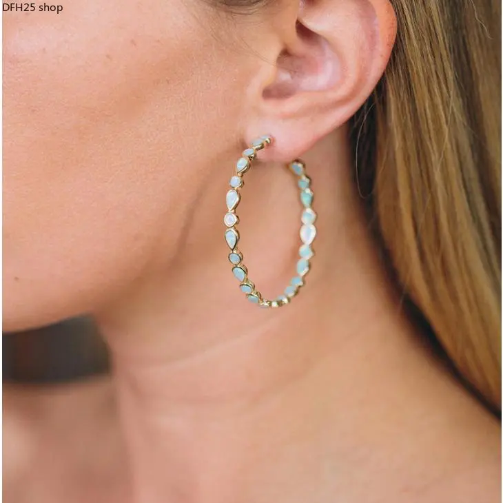 Large Opal Hoop Earrings for Women, Gold Tone C-Shaped Statement Earrings with Teardrop Iridescent Stones, Lightweight Elegant Fashion Jewelry for Daily Wear, Parties and Vacation Outfits