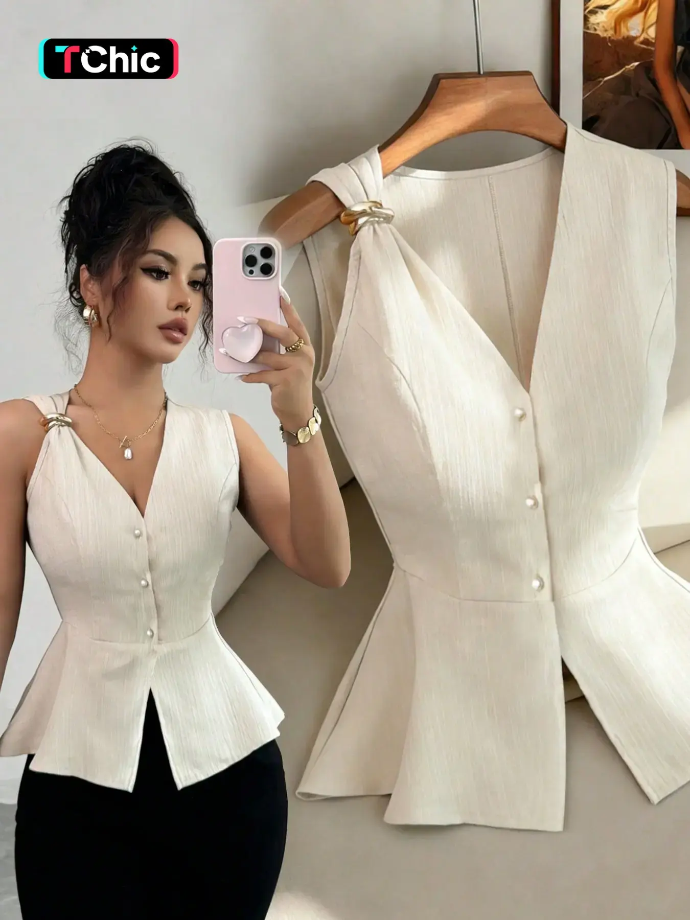 New Summer Simple Elegant Fashion Metal Button Design Waist Cinch Slim V Neck Versatile Women's Sleeveless Shirt