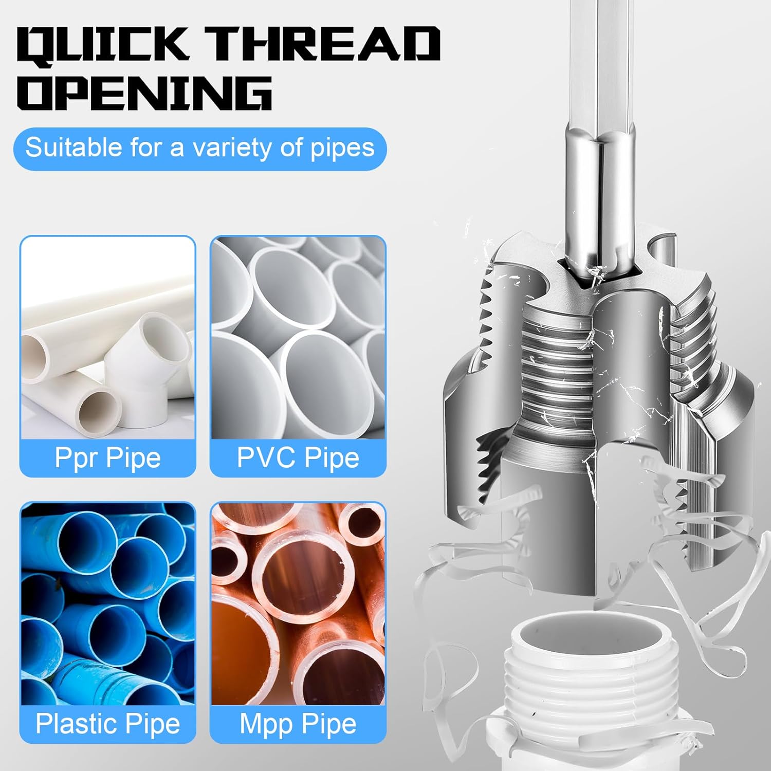 Pipe Thread  Tool Integrated Internal & External Pipe Threading Tool Electric Drill Compatible PVC Tube Threader Kit, 1/2", 3/4", 1'' Tube Sizes Rethreading Kit(3 Sizes,,3 Pcs)