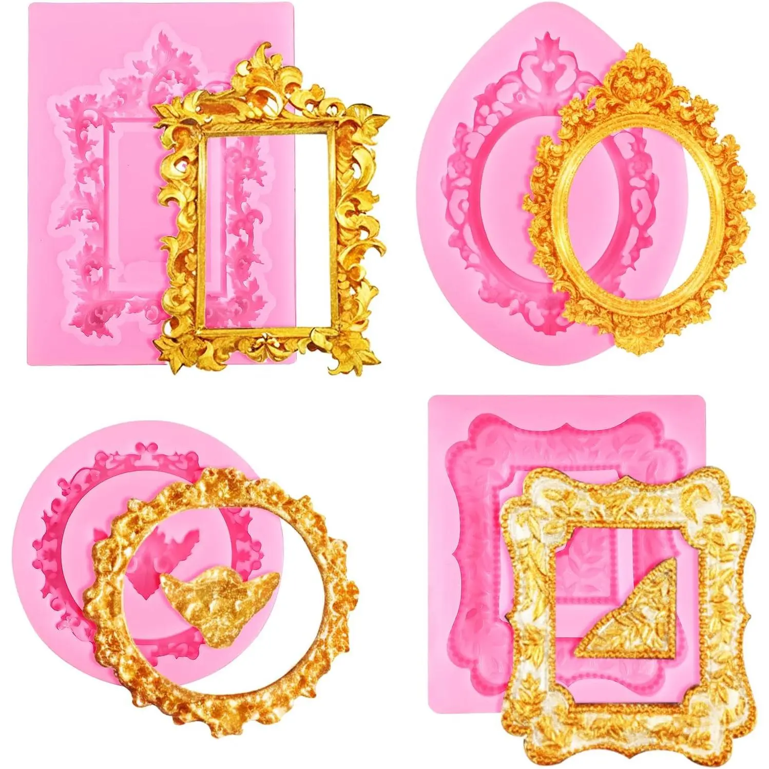4 Pcs Photo Frame Silicone Molds, Baroque Style Air Dry Clay Molds, Mini Frame Molds Silicone for Cupcake Topper Cake Decoration Chocolate Candy Polymer Clay