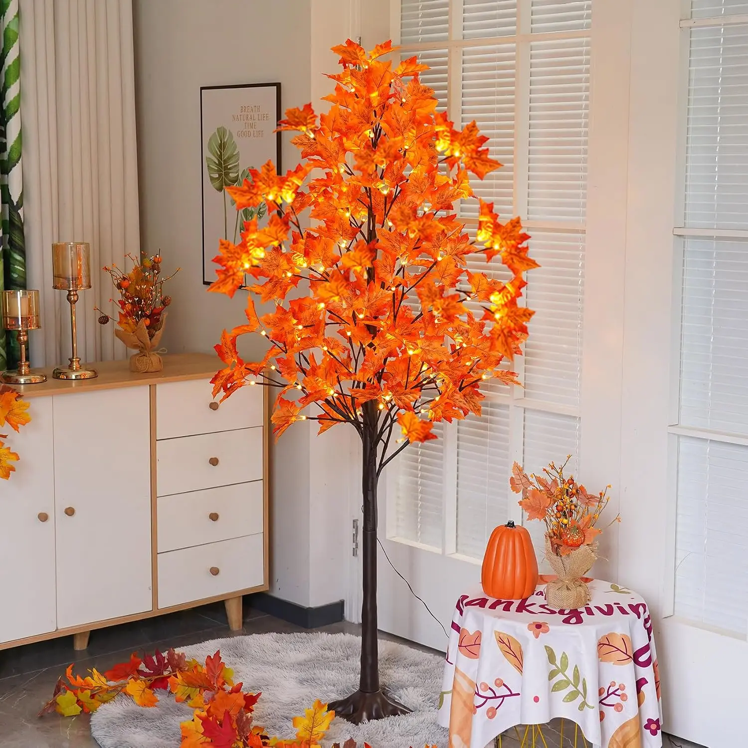 5FT Artificial Lighted Maple Tree with 96 LED & 192-Dense Maple Leaves - Fall Decorations Maple Tree with Warm White Light for Home Thanksgiving Autumn Harvest Decor Indoor