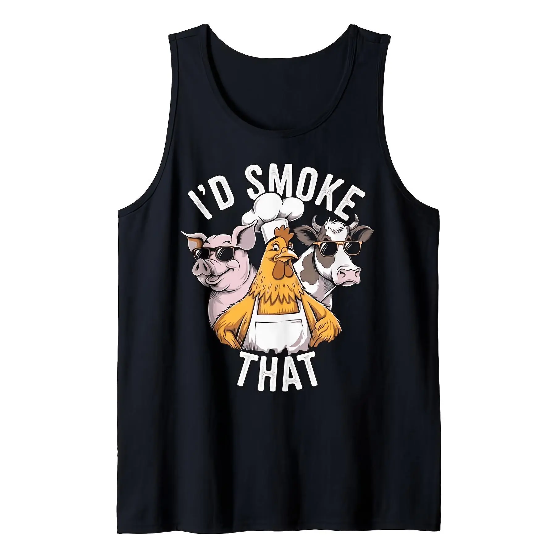 Men'S Funny BBQ Grill Master Graphic Sleeveless Tank Top - I'D Smoke That Meat Smoking Design with Pig & Chicken Print Casual Sleeveless Shirt for Outdoor Cooking Barbecue Parties & Casual Wear 2026 Summer Unisex Vest/Fitness Casual Printed T-Shirt