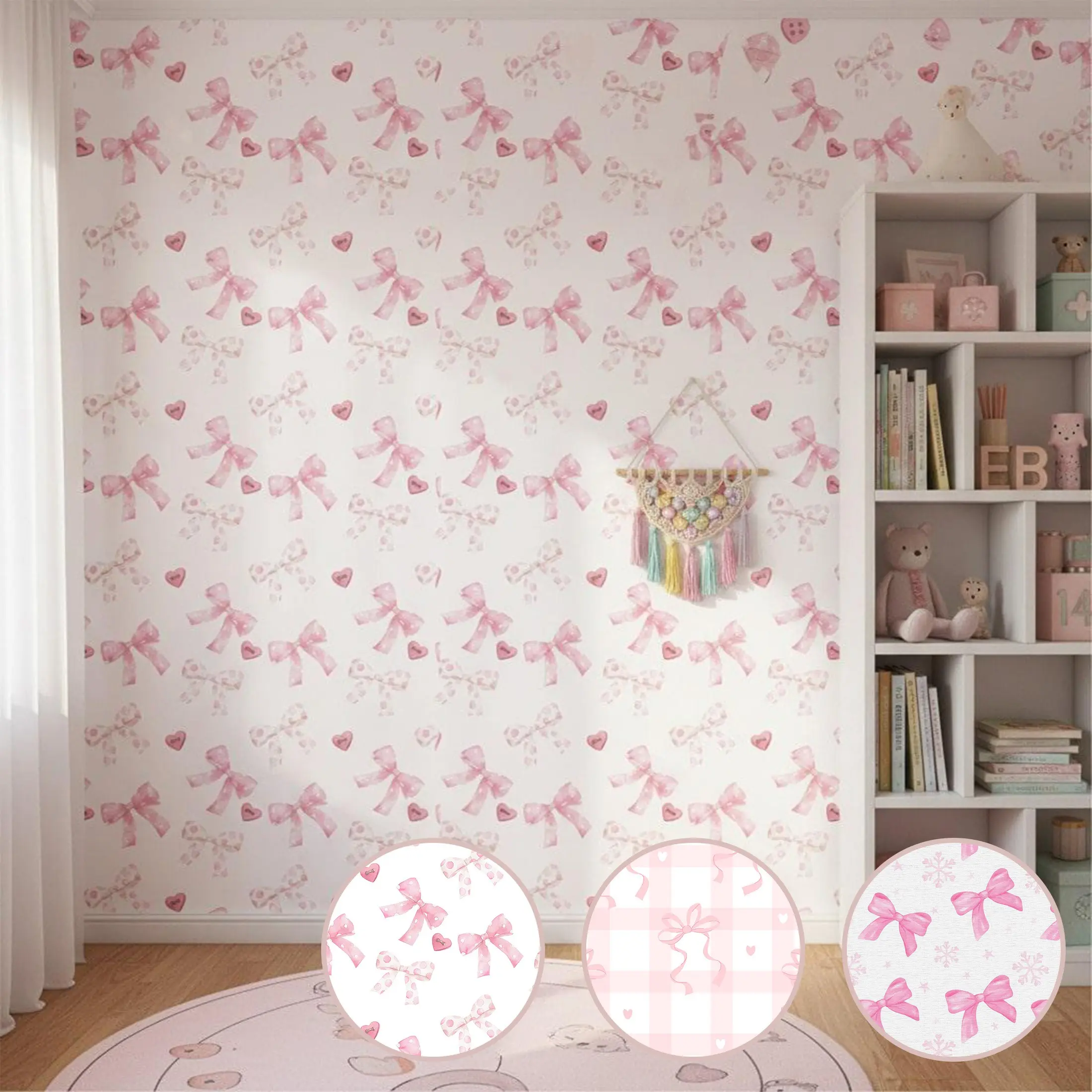 Bow Heart Self-Adhesive Wallpaper, Waterproof Removable Wall Sticker, DIY Wallpaper for Kids Room, Bedroom, Living Room, 44.5cm Wide