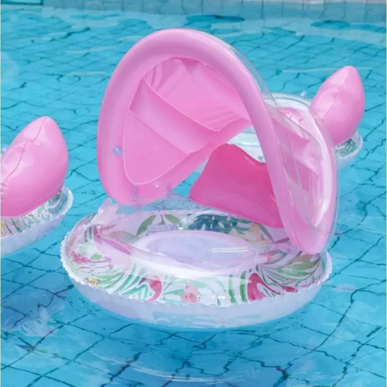 Inflatable Toddler Pool Float with Sun Shade Canopy, Baby Swim Ring with Safety Seat & Easy-Grip Handles, Durable Thick PVC Construction, Cute Cartoon Designs, Portable Float for Backyard Pools, Beach Trips & Lake Days summerwins
