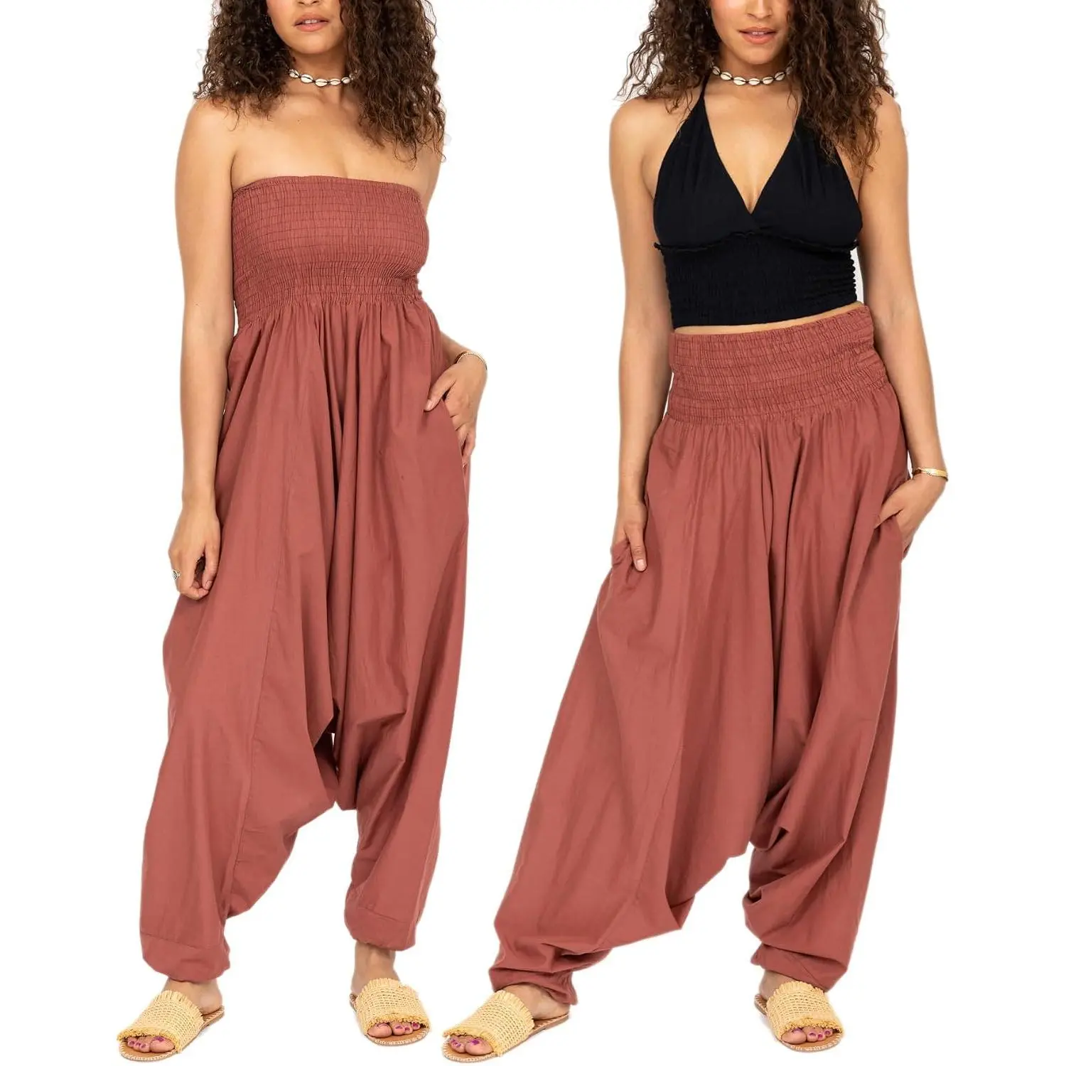 Harem Pants Women Jumpsuit – 2-in-1 Strapless Romper Converts into Comfy Boho Balloon Pants with Pockets – One Size