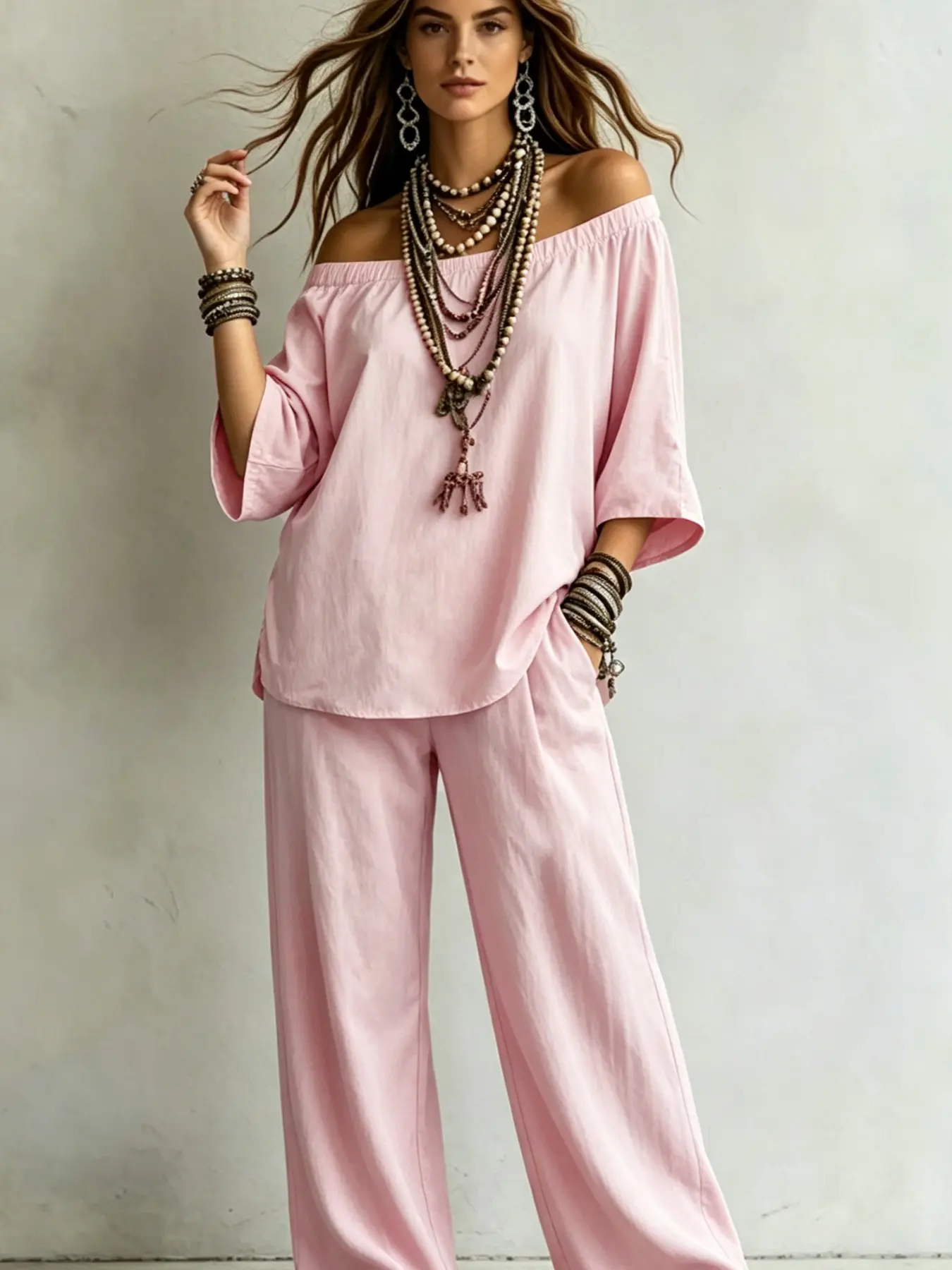 Women's Plus Size Light Cotton Linen One-Shoulder Top, Straight Leg Long Pants Set, Side Split Design, Perfect for Travel and Daily Wear