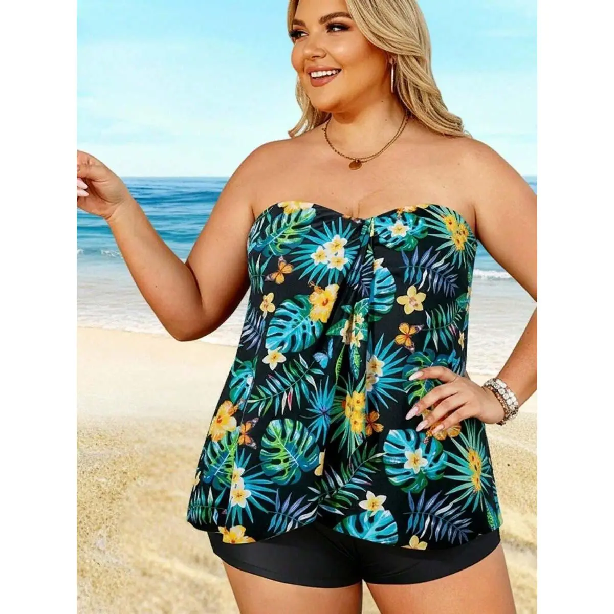 Women's 2026 Plus Size Tropical Print Bandeau Tankini - Black Base, Floral Leaves Pattern, Flowy Peplum Tops, High Waist Shorts, Beach Swimwear