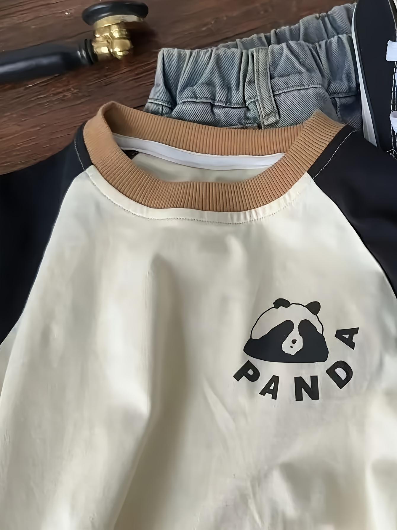 New1pc & Korean-Style Cute Panda Print T-Shirt with Raglan Sleeves - Korean Fashion Color-Block Round Neck Loose Fit Top, Panda & Korean Lettering Design (No Letters on ' Version), Spring/Fall Outfits, Casual