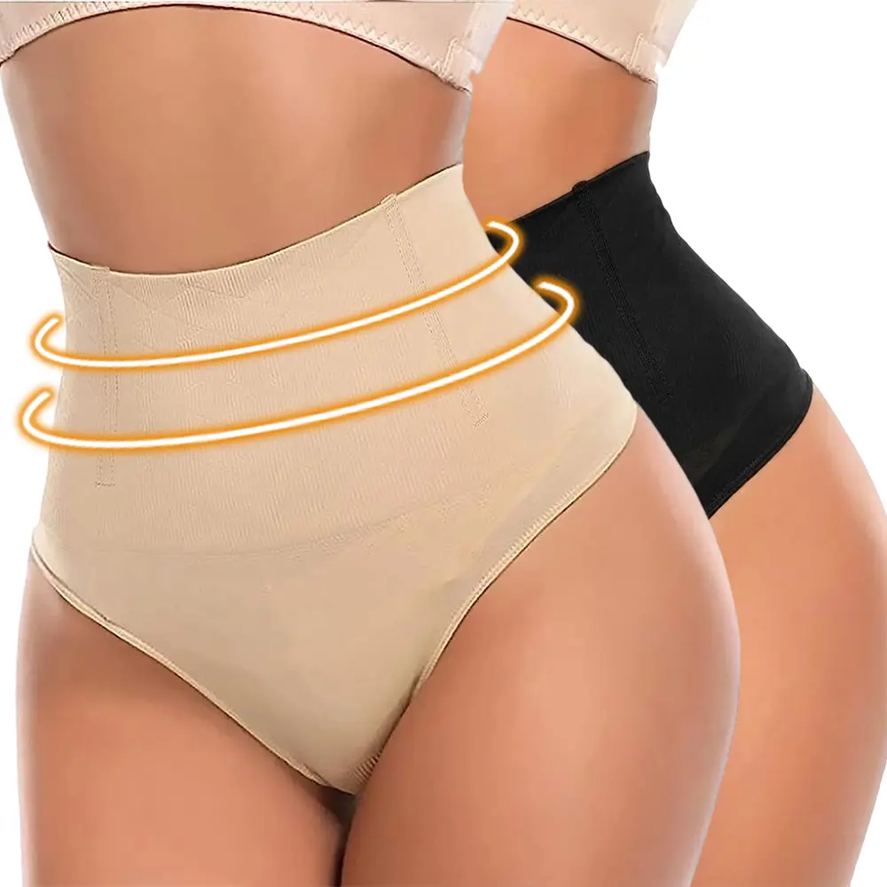 Women's High-Waist Seamless Tummy Control Thong Shapewear - 2pcs Black+Nude Basic Lady Panty, Compression Clothes for Sports Underwear Needs