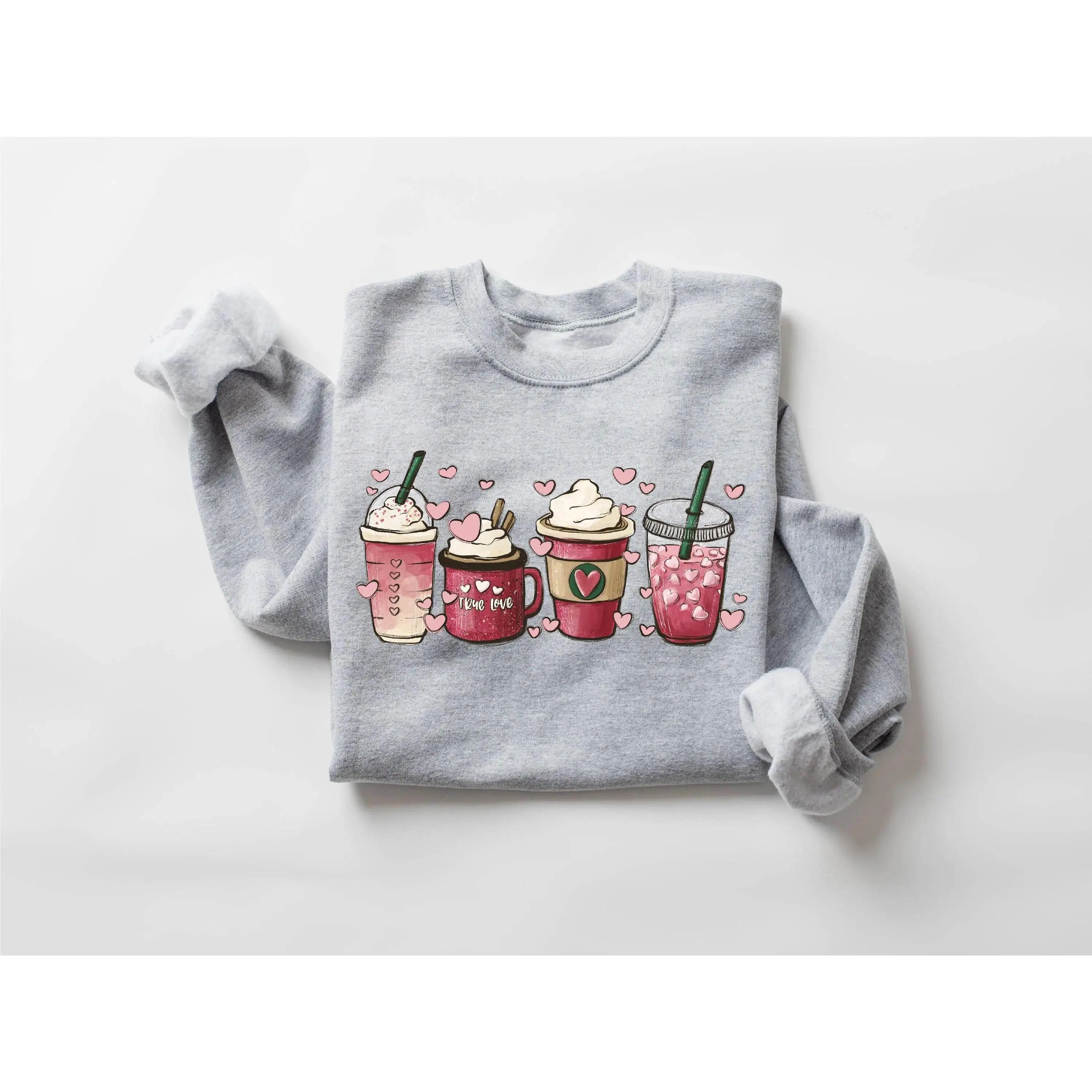 Crewneck Sweatshirt for Women, Valentine Coffee Cup Graphic Sweatshirt, Cute Heart Latte Print Graphic Sweatshirt, Soft Casual Pullover Sweatshirts for Women for Valentine’s Day Holiday Daily Wear