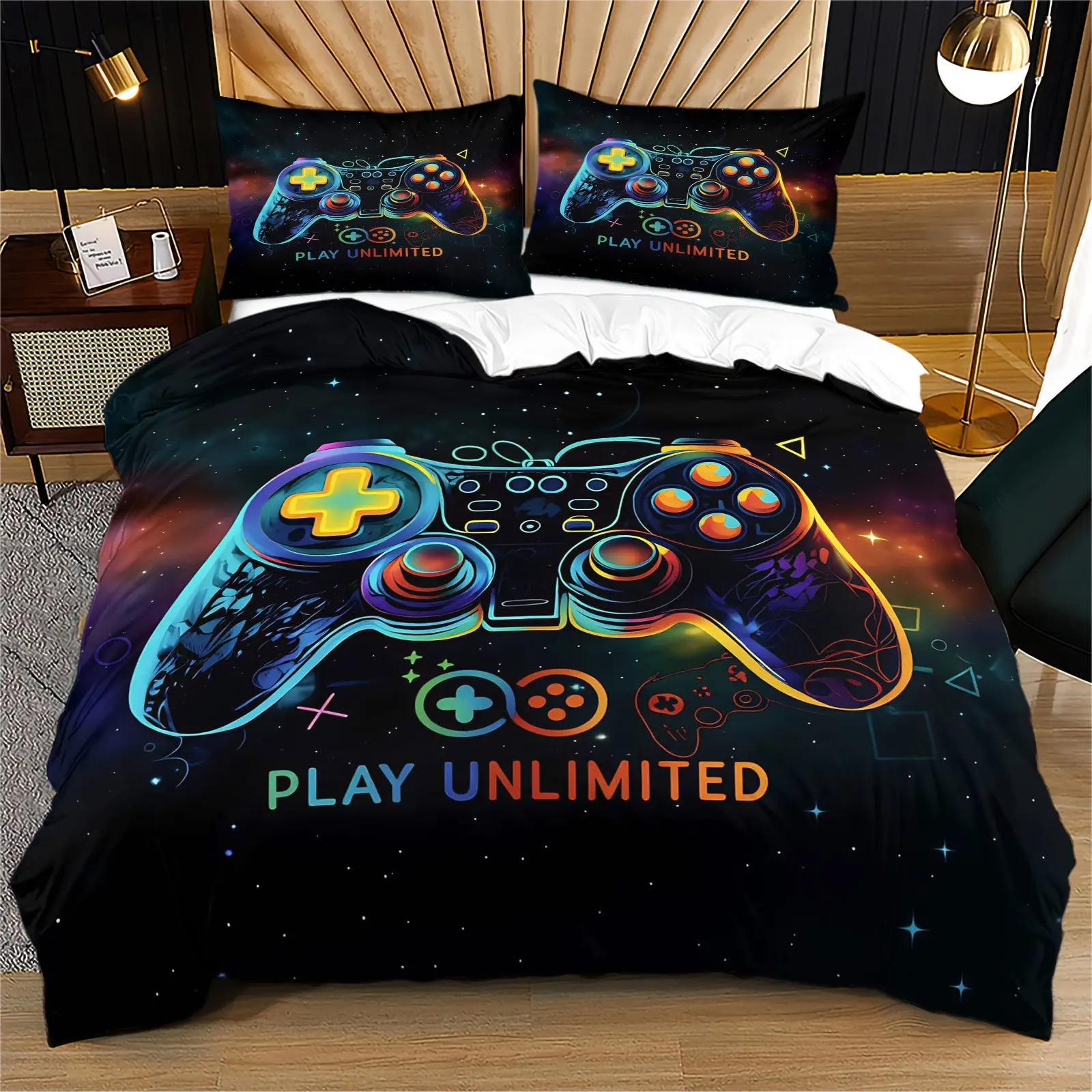 Osmic Galaxy Neon Gamepad Duvet Cover Set, Futuristic Esports Bedding, Soft Microfiber, Teen Boys Gaming Bedroom Gift, No Fillers