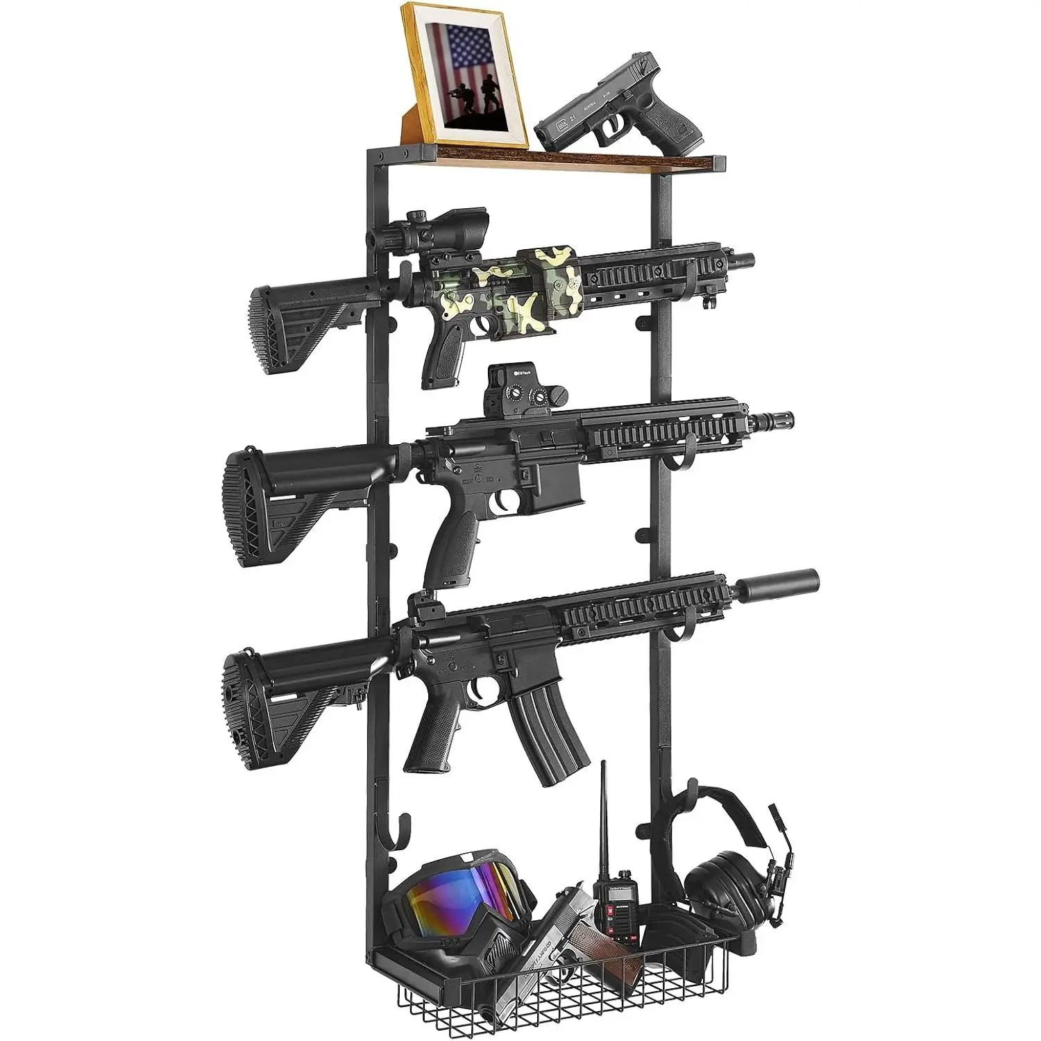 Poyilooo Gun Rack for Wall, 4 Gun Rack Wall Mount with torage Baket, Rifle Rack Gun Diplay for Hunting Rifle Airoft Gun Holder, Black (M- 4 Hook)