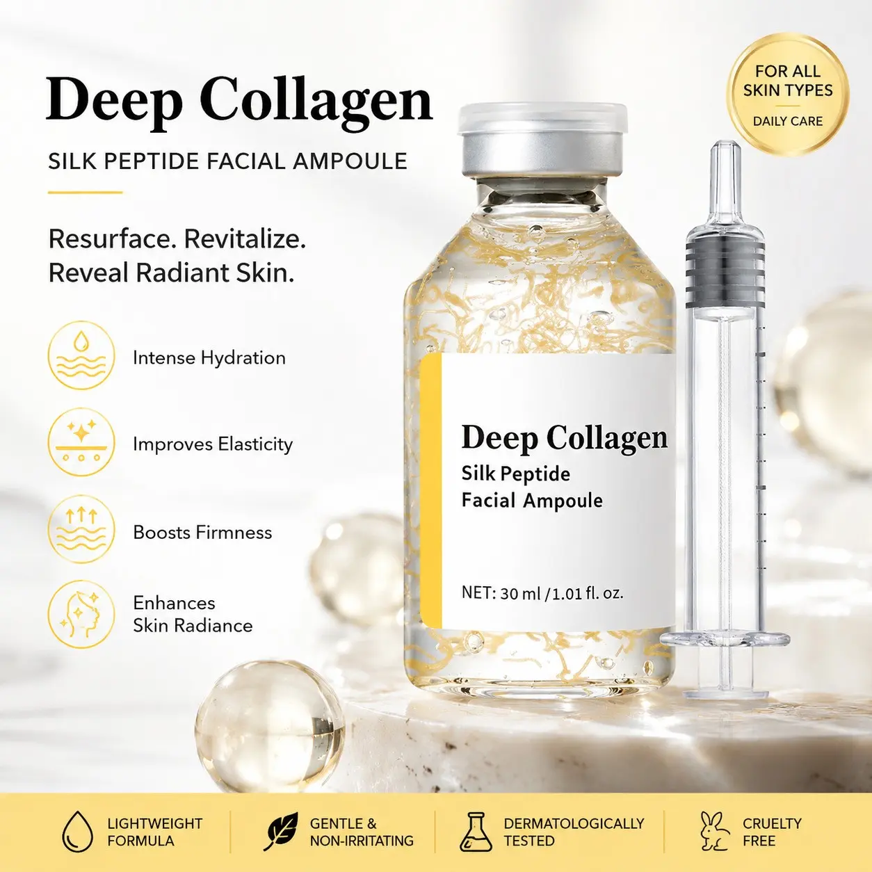 Deep Collagensilk Peptide Facial Ampoule, Serum for Radiant Skin Renewal, Gentle Hydrating & Firming Treatment, Ideal for Daily Use