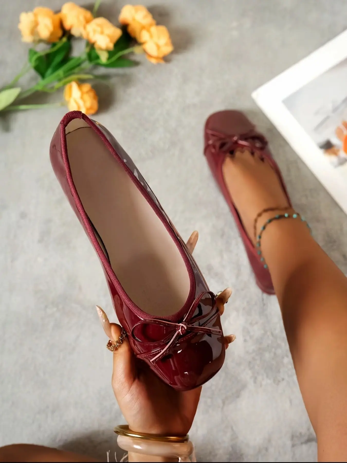 Women's Wine Glossy Leather Ballet Flats, French Vintage Soft Sole, Soft Soled Shoes, Casual Shoes for Office and Dates, Spring Summer Retro Flat Shoes