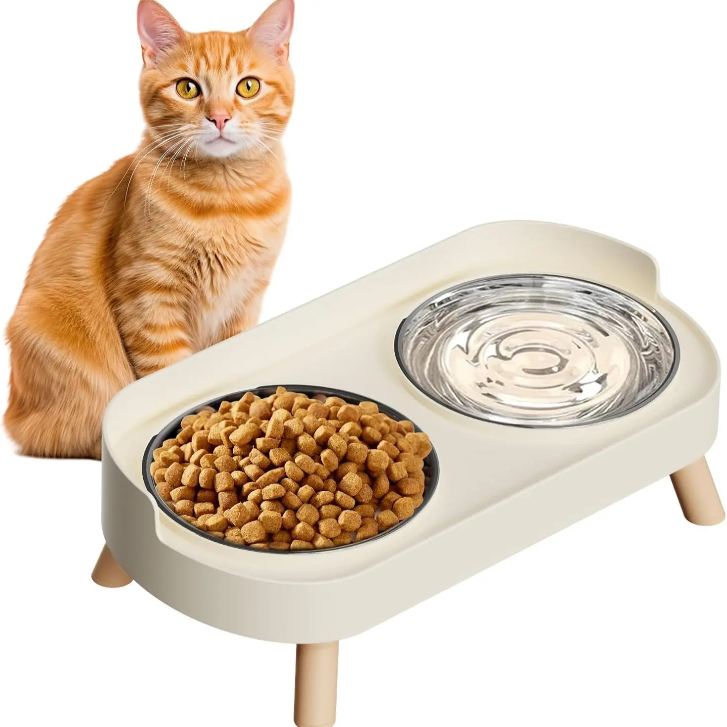 Elevated Cat Bowl Set, Tilted Anti-Spill Food and Water Bowls, Stainless Steel, Stable Non-Slip Pet Feeder, Ideal for Kittens and Small Cats, Elevated Feeding Bowl