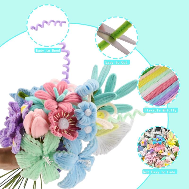 Pipe Cleaners Craft, 400 count Pipe Cleaners with Flower Stems, Floral Tape, Ribbon, for Flower Bouquet DIY-Colorful