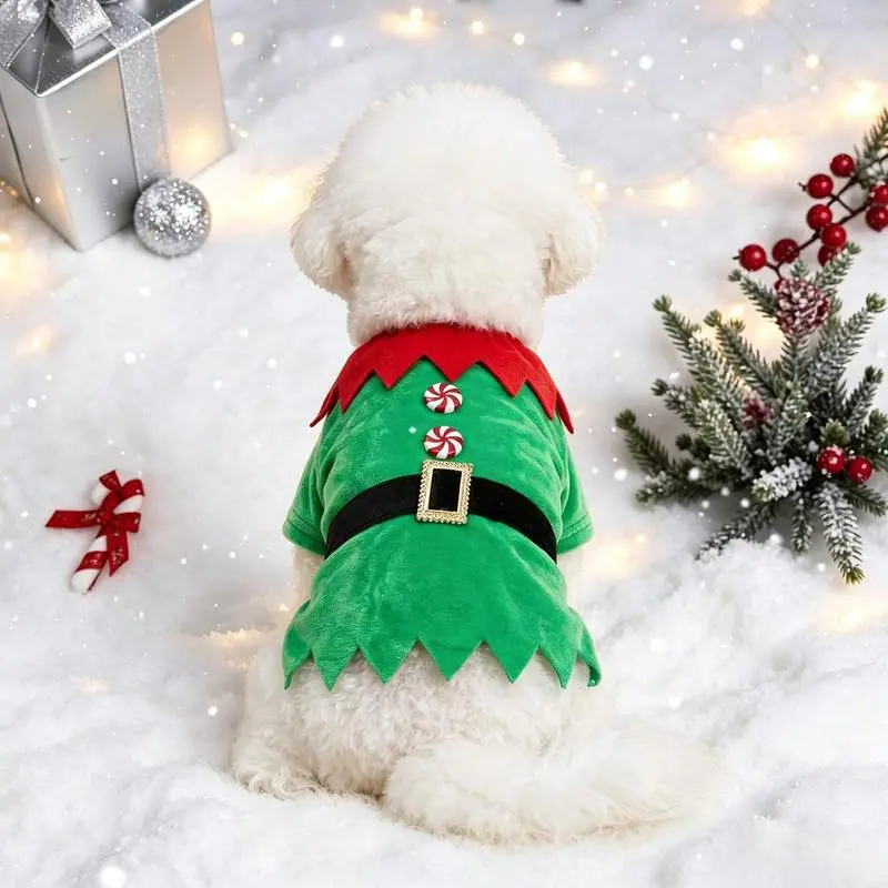 Christmas Elf Dog Costume Pet Clothes, Funny Santa's Helper Cat Apparel Outfit, Cute Red Green Warm Velvet Shirts with Belt & Candy Buttons, Winter Xmas Holiday Party Cosplay Dress Up Coat Accessories for Small Medium Large Dogs Cats Puppy