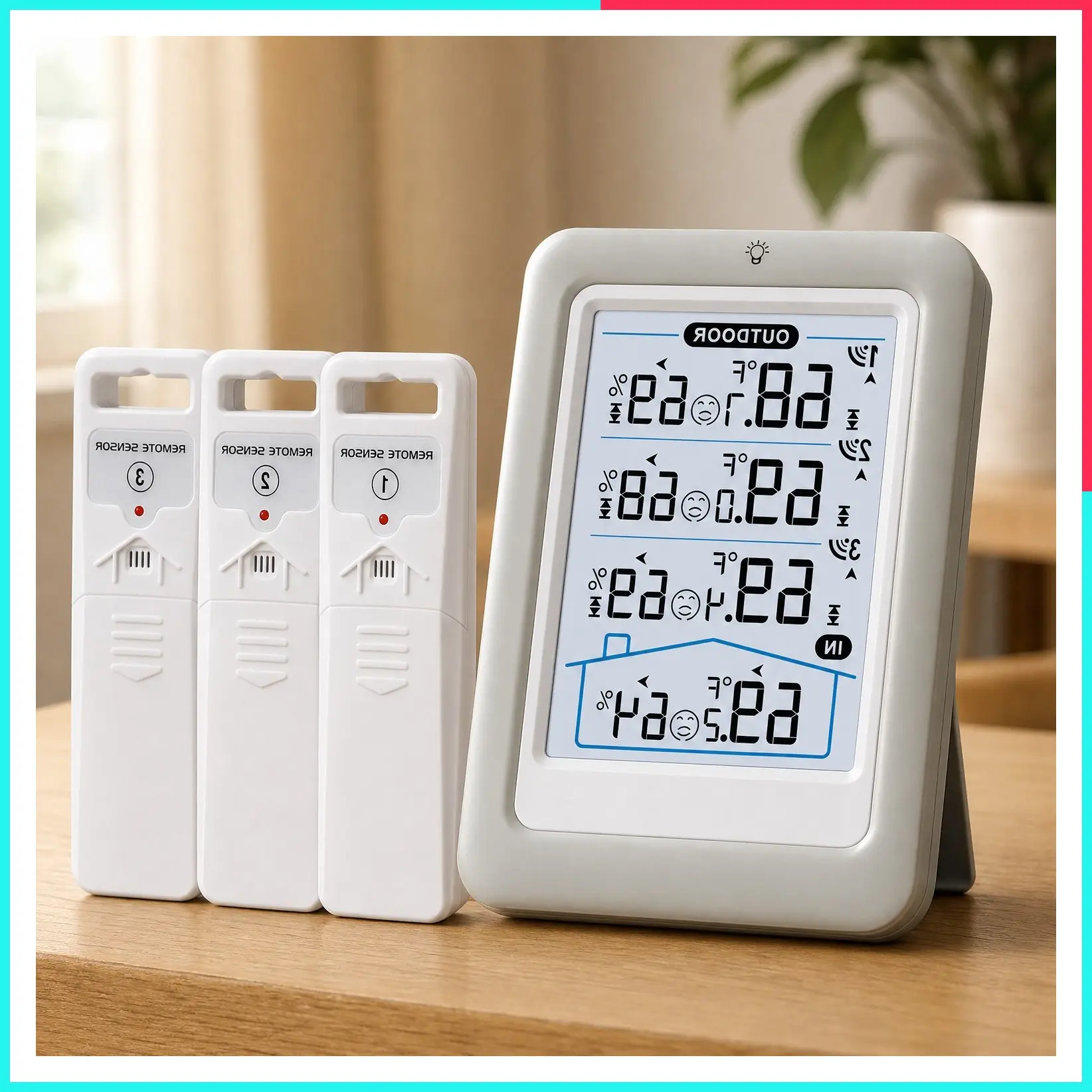 Wireless Indoor Outdoor Thermometer with 4.5 Inch Display, Digital Temperature Humidity Monitor, 330ft Range Sensor, Adjustable Backlight, 3 Sensors