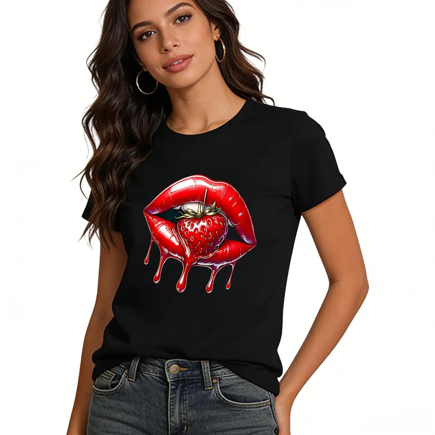 Red Lips and Strawberry Drip Graphic Tee with Bold Y2K Style Unisex Black Cotton T-Shirt Casual Streetwear with Fun Fruit and Lip Design