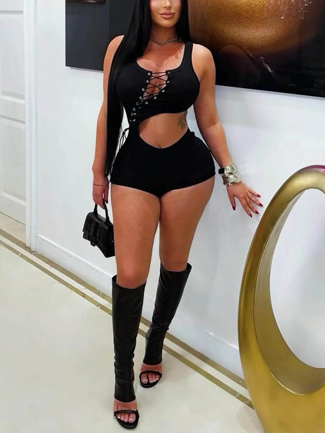 Women's Fashion Sleeveless Tie Front Sexy Irregular Bodycon Romper, Fashion Hollowed Out Slim Jumpsuit, Street Casual Trendy LadY Clothing for Spring Summer New