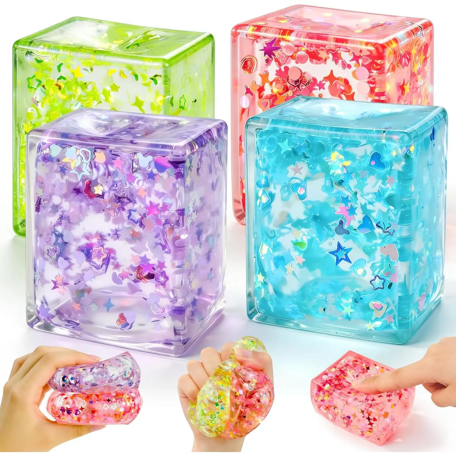 4 Pack Glitter Ice Cube Stress Ball, Soft Cube Colorful Sensory Fidget Toys for Adults & Kids, Fun Square Squeeze Toys for Anxiety Stress Relief, Great Holiday & Birthday Gifts, Classroom Prizesfidget toys