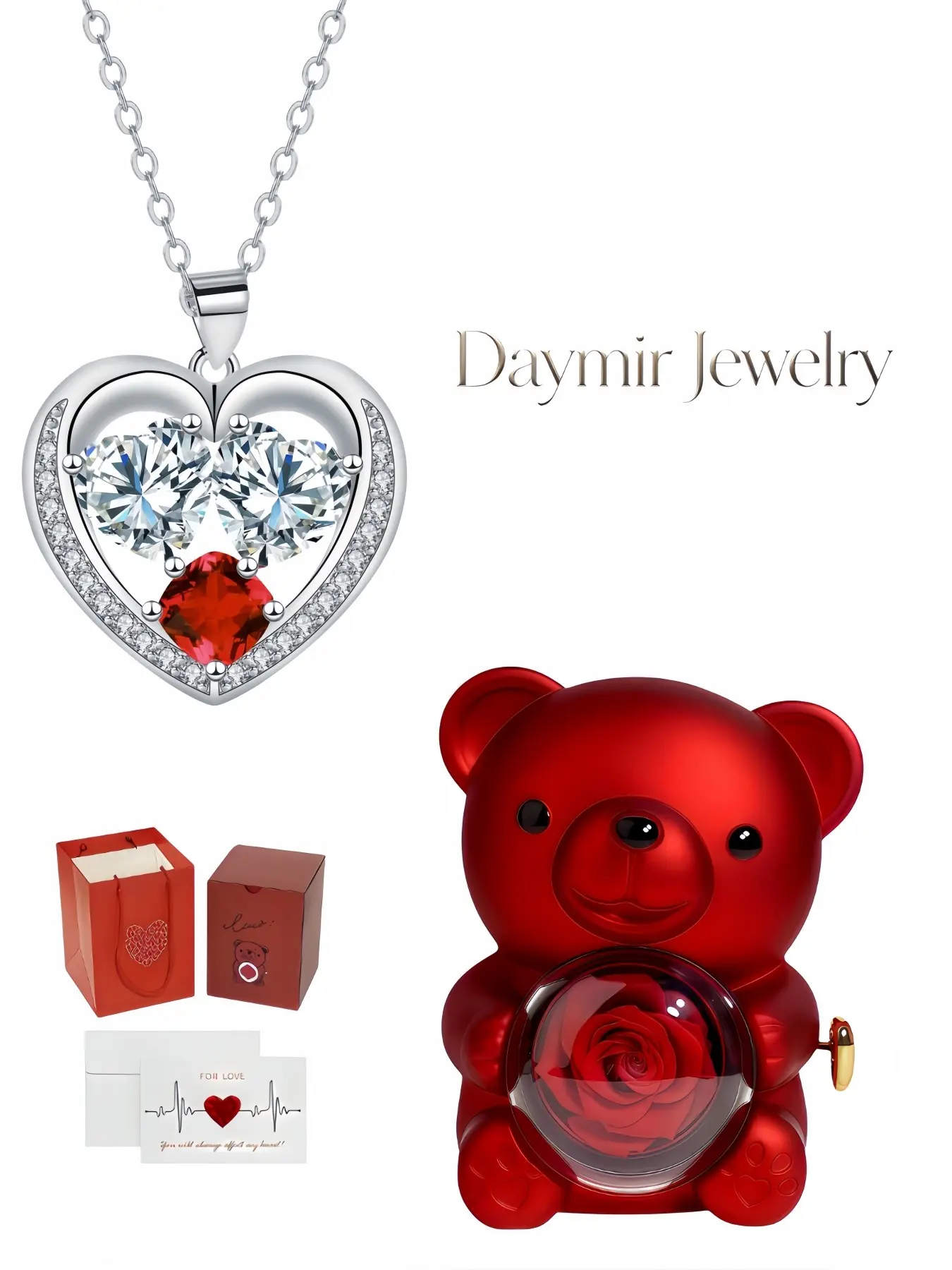 Twin Red Diamond Heart Glow Necklace, minimalist heart-shaped gem necklace representing love. Packaged in cute rotating rose bear jewelry box, a mysterious surprise gift for birthdays, Mother’s Day, Valentine’s Day and Christmas.
