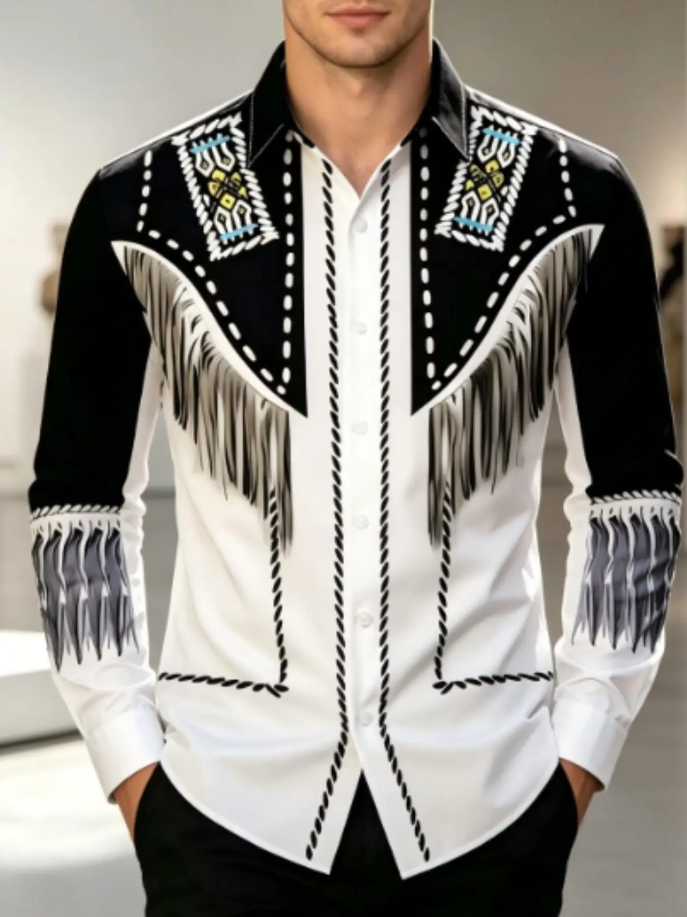 Men's Long Sleeve Shirt, Aztec Tribal Print, Western Retro Cowboy Style, Block, Flowing Fringe Design