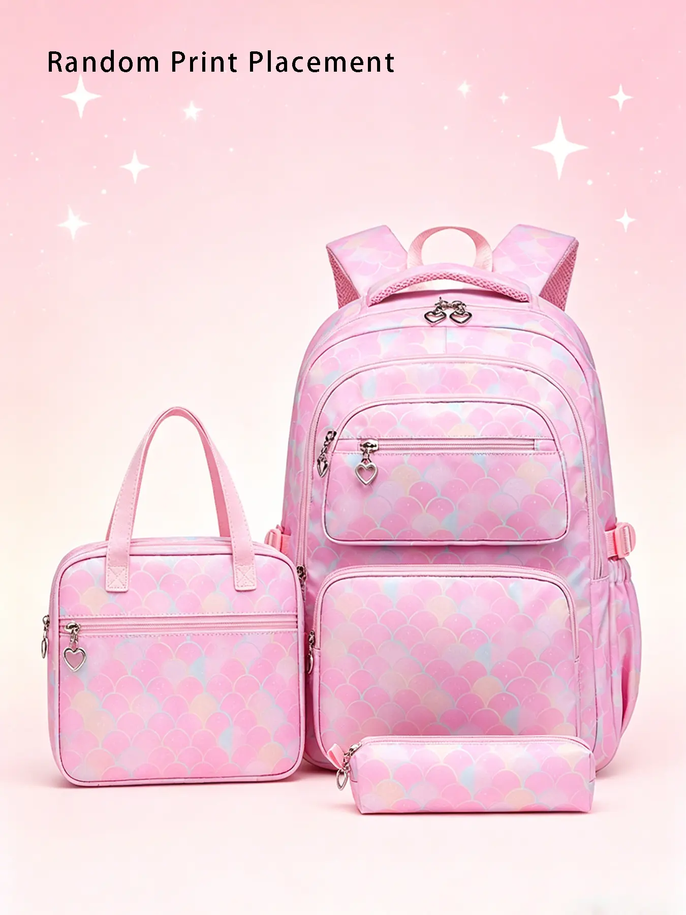 3pcs Oversized Dreamy Mermaid Scale Backpack Combo Set, Gentle Lavender Tone Gradient Scale Printed School Bag with Breathable Padded Shoulder Straps, Coordinating Lunch Tote and Stationery Pouch for Daily School and Weekend Outings