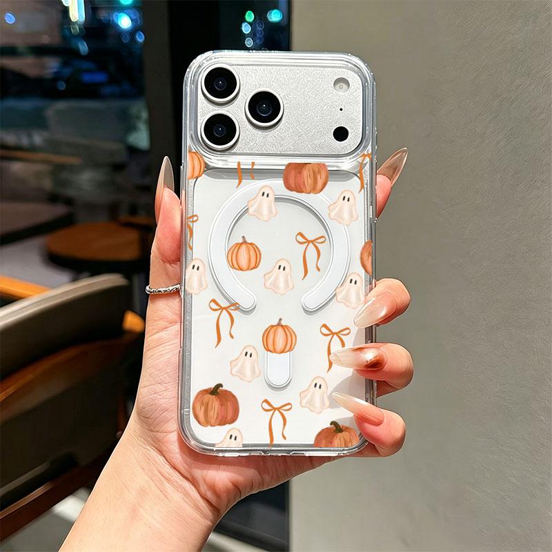 Watercolor Ghost Pumpkin Orange Bow TPU+PC Phone Case - Halloween Art for iPhone Series (17,16,15,14,13,12,11 Plus Pro Max) - Cute Autumn Tender Surprise Gift