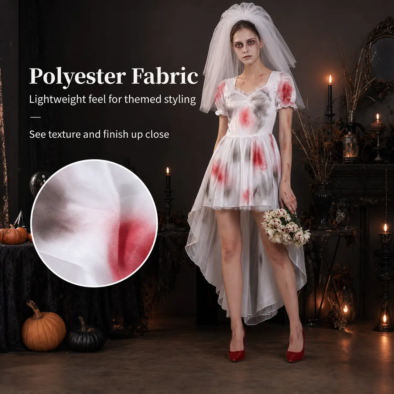 Women's Original Polyester Scary Ghost Bride Costume - Blood-Stained, Irregular-Hem Wedding Dress with Veil, Zipper - Adult Halloween Carnival Cosplay Fancy Outfit, Asymmetric Bridal Womenswear Accessories