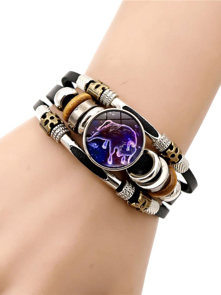 New Twelve Zodiac Signs Luminous Leather Bracelet Vintage Punk Multi-layer Woven Beaded Bracelet Jewelry