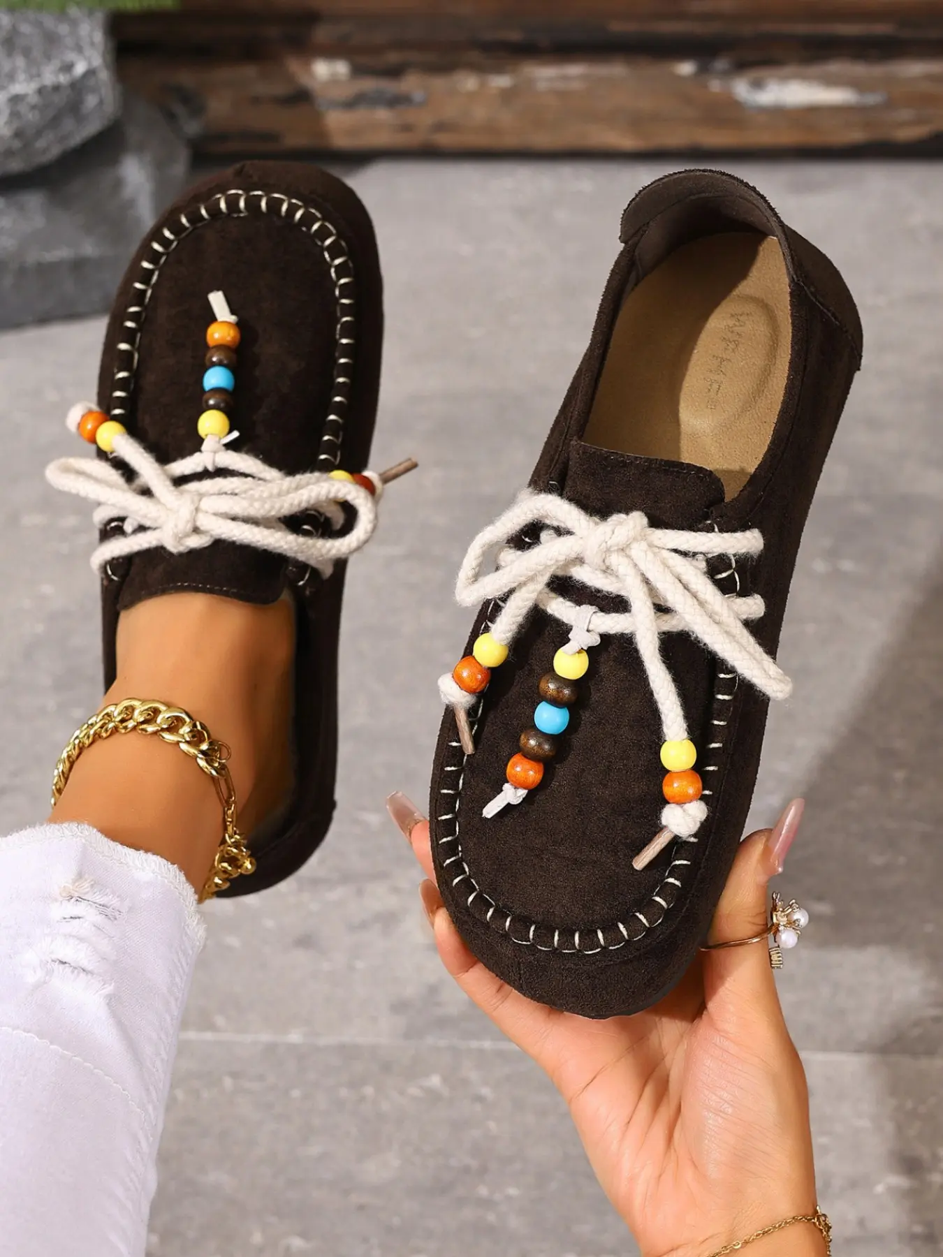 Women Boho Beaded Lace Up Moccasin Flats, Faux Suede Stitch Detail Closed Toe Casual Shoes, Vintage Comfort Walking Loafers For Shopping Travel Daily Streetwear